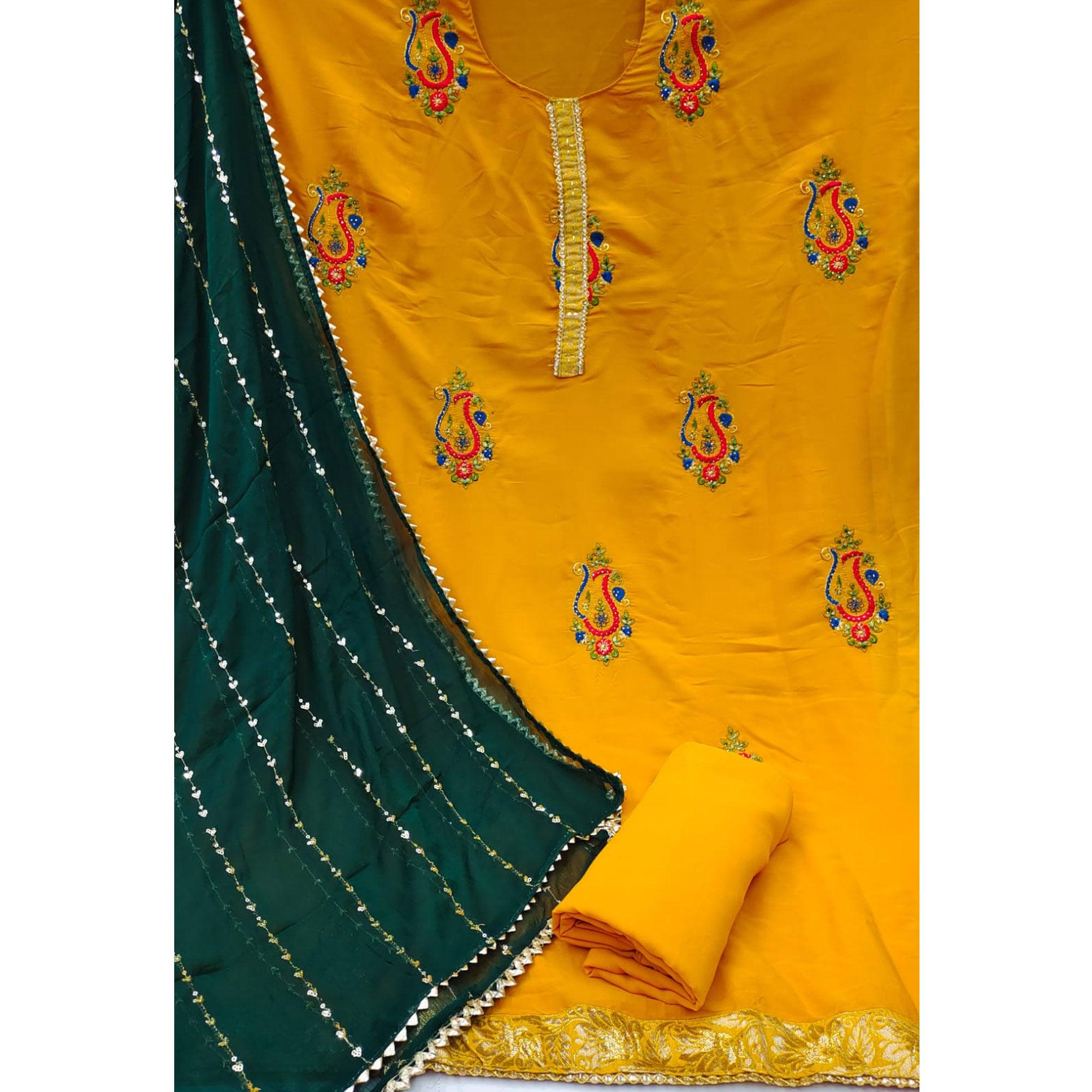 Mustard Yellow Festive Wear Embroidered Cotton Dress Material - Peachmode