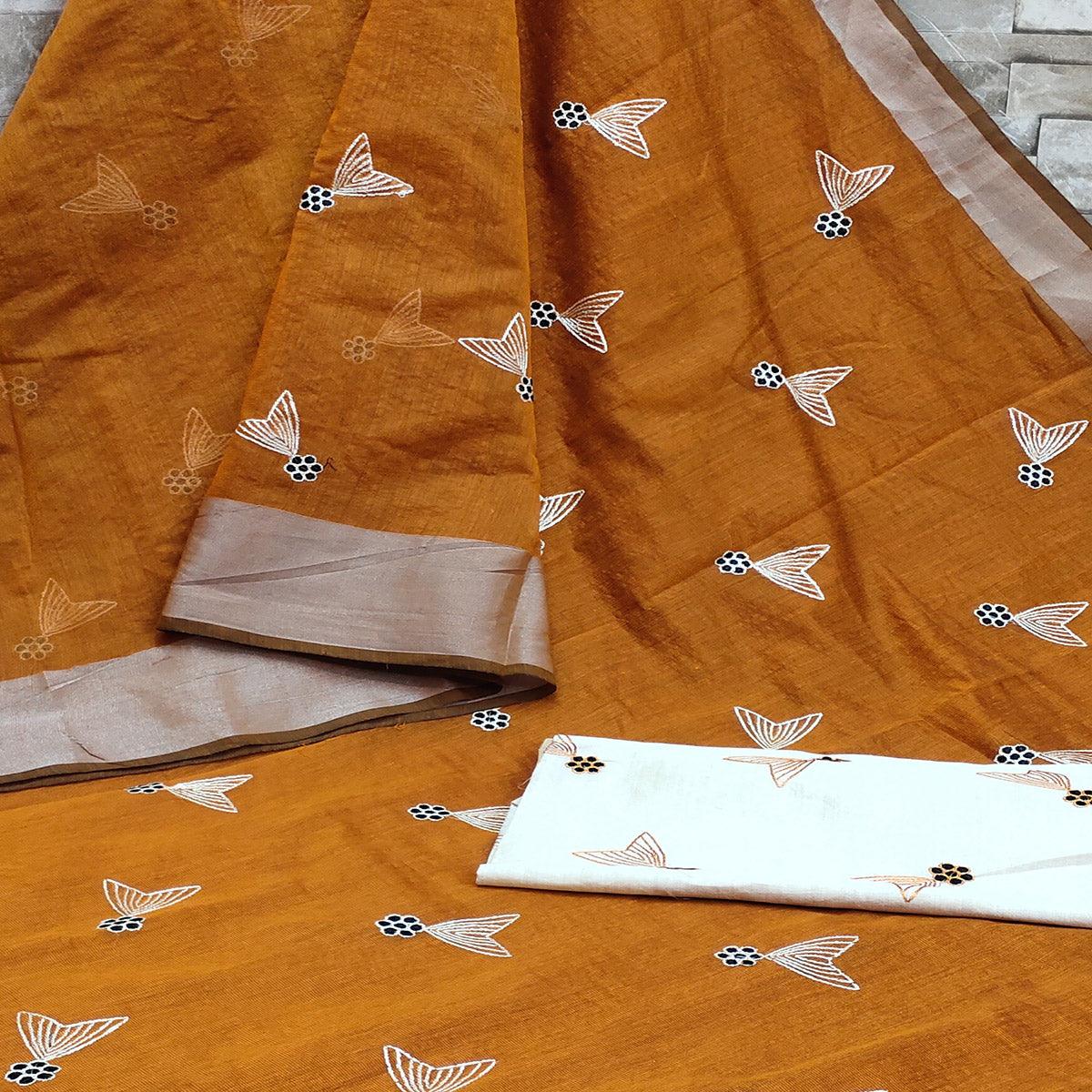 Mustard Yellow Festive Wear Embroidered Cotton Saree With Tassels - Peachmode