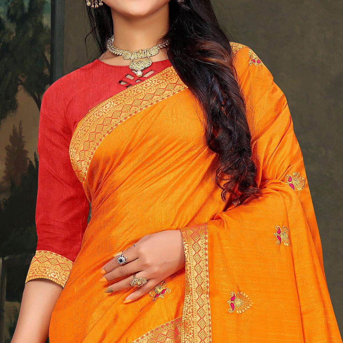 Mustard-Yellow Festive Wear Embroidered Vichitra Silk Saree - Peachmode