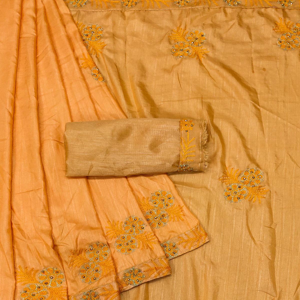 Mustard Yellow Festive Wear Floral Embroidered Silk Saree - Peachmode