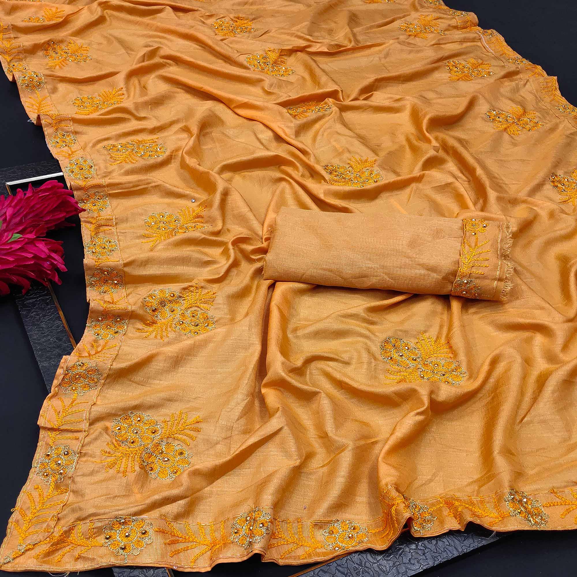 Mustard Yellow Festive Wear Floral Embroidered Silk Saree - Peachmode