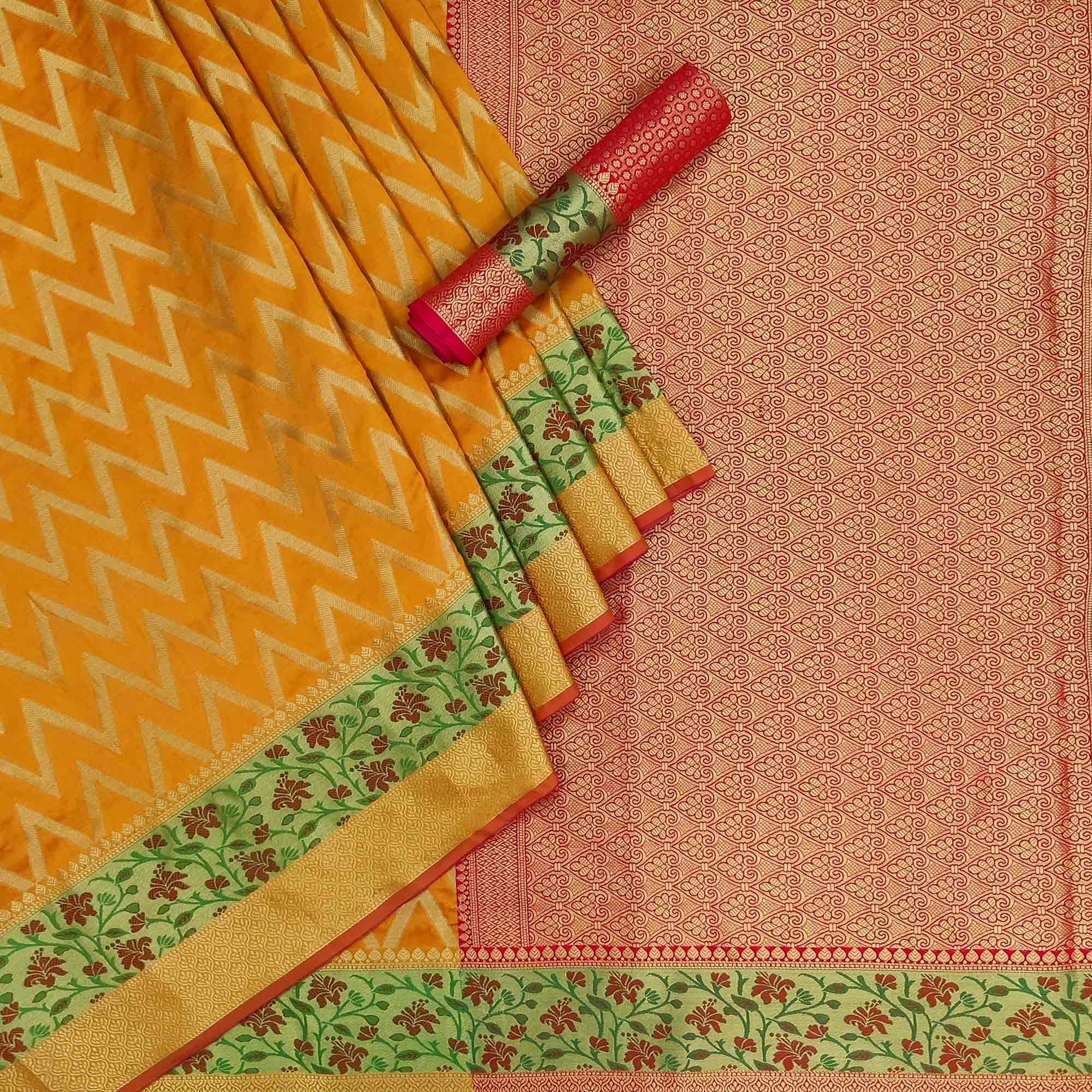 Mustard-Yellow Festive Wear Floral Woven Silk Saree - Peachmode