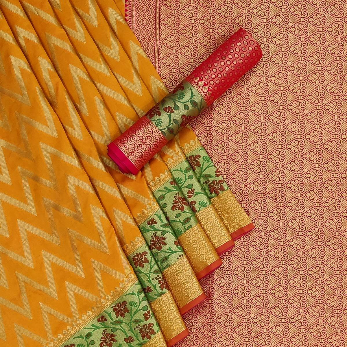 Mustard-Yellow Festive Wear Floral Woven Silk Saree - Peachmode