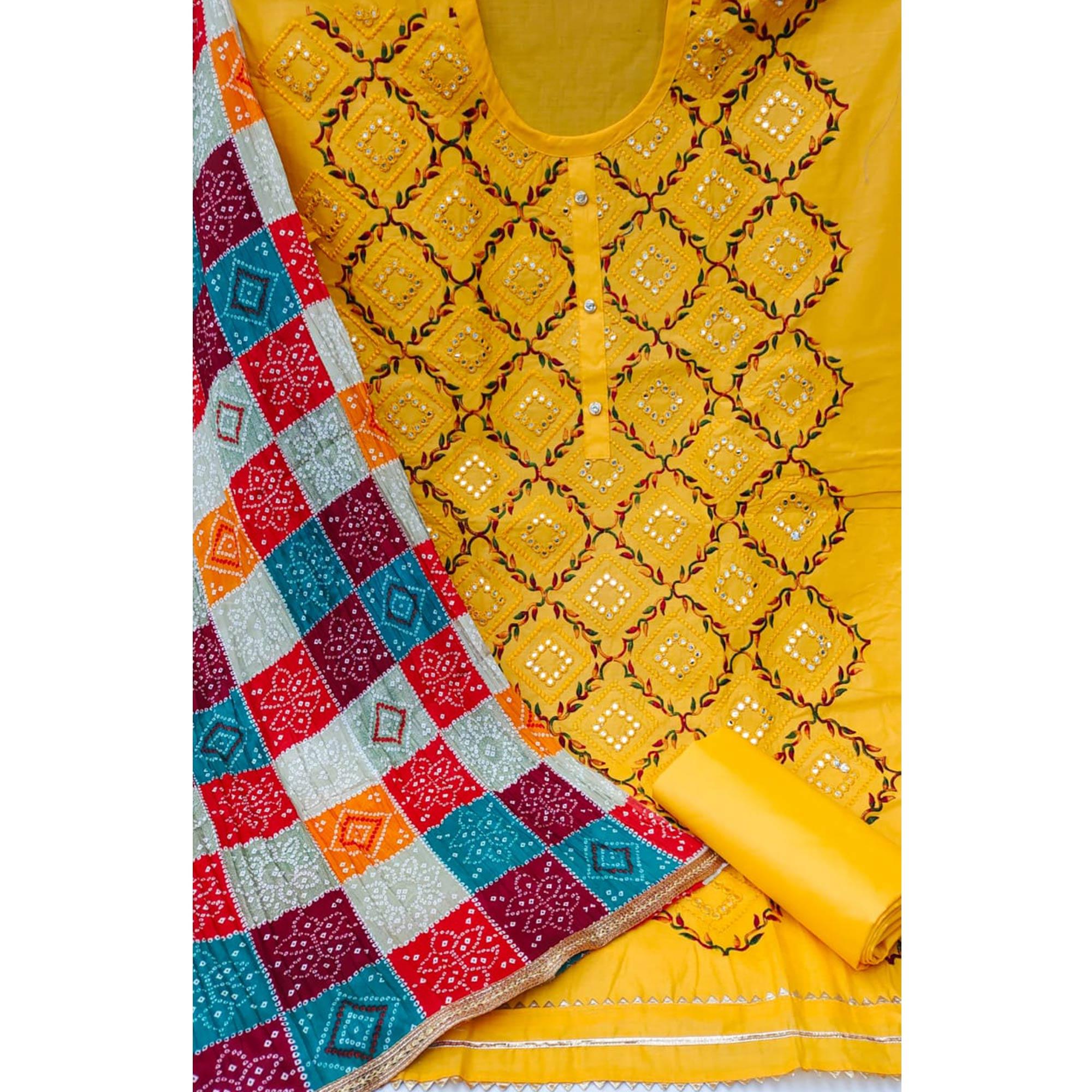Mustard Yellow Festive Wear Heavy Embroidered & Mirror Work Cotton Dress Material - Peachmode