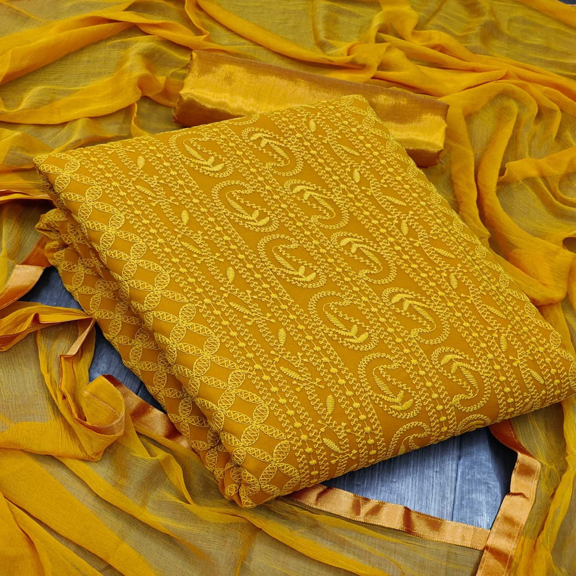 Mustard Yellow Festive Wear Heavy Embroidered Georgette Dress Material - Peachmode