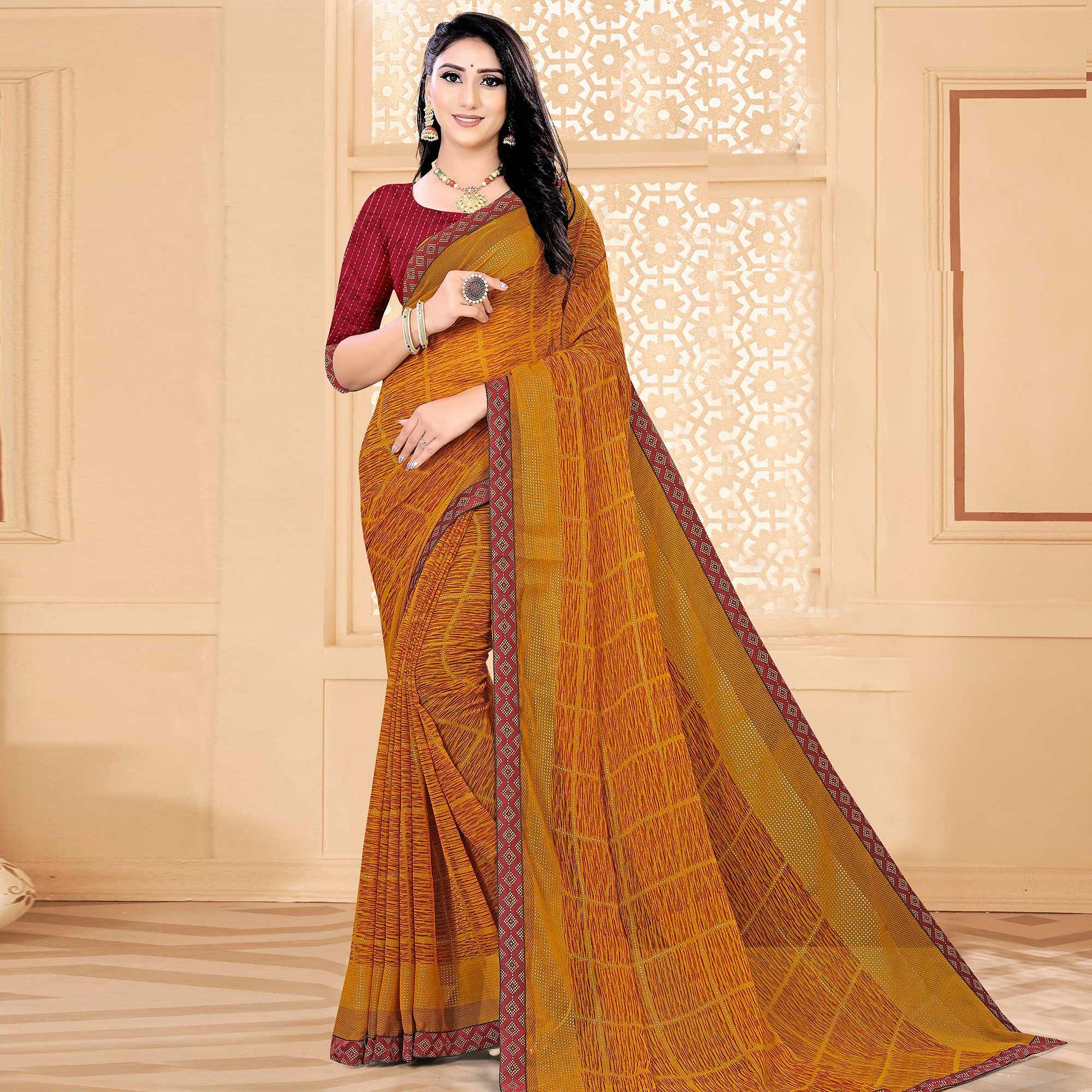 Mustard-Yellow Festive Wear Printed With Lace Work Chiffon Designer Saree - Peachmode