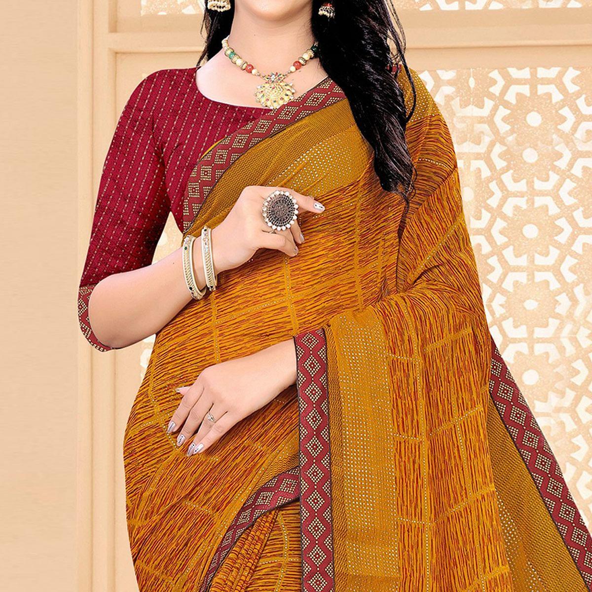 Mustard-Yellow Festive Wear Printed With Lace Work Chiffon Designer Saree - Peachmode