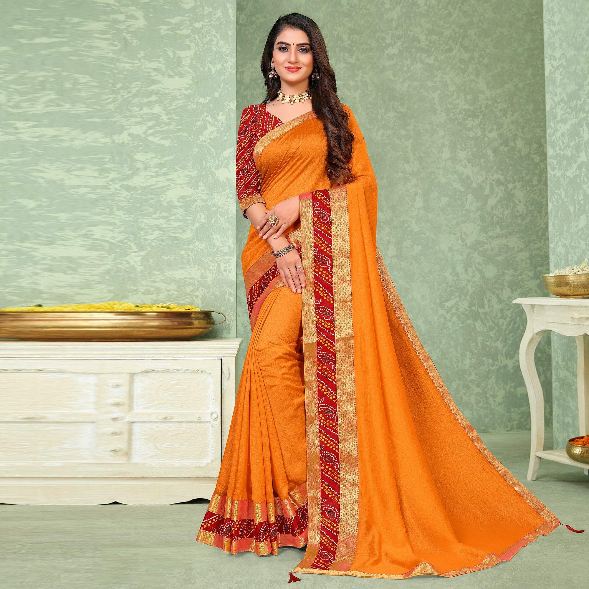 Mustard-Yellow Festive Wear Solid Vichitra Silk Saree - Peachmode