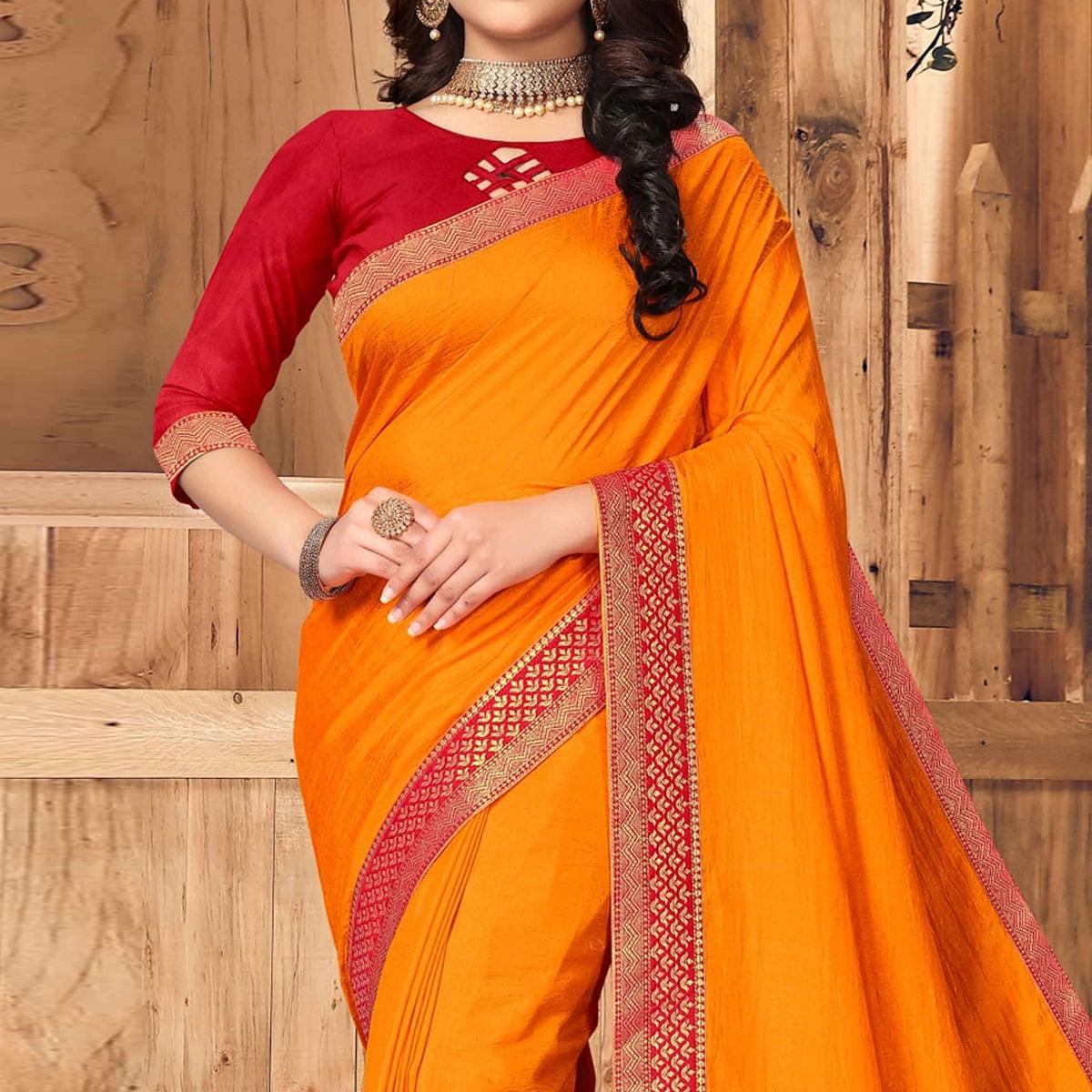 Mustard-Yellow Festive Wear Solid Vichitra Silk Saree - Peachmode