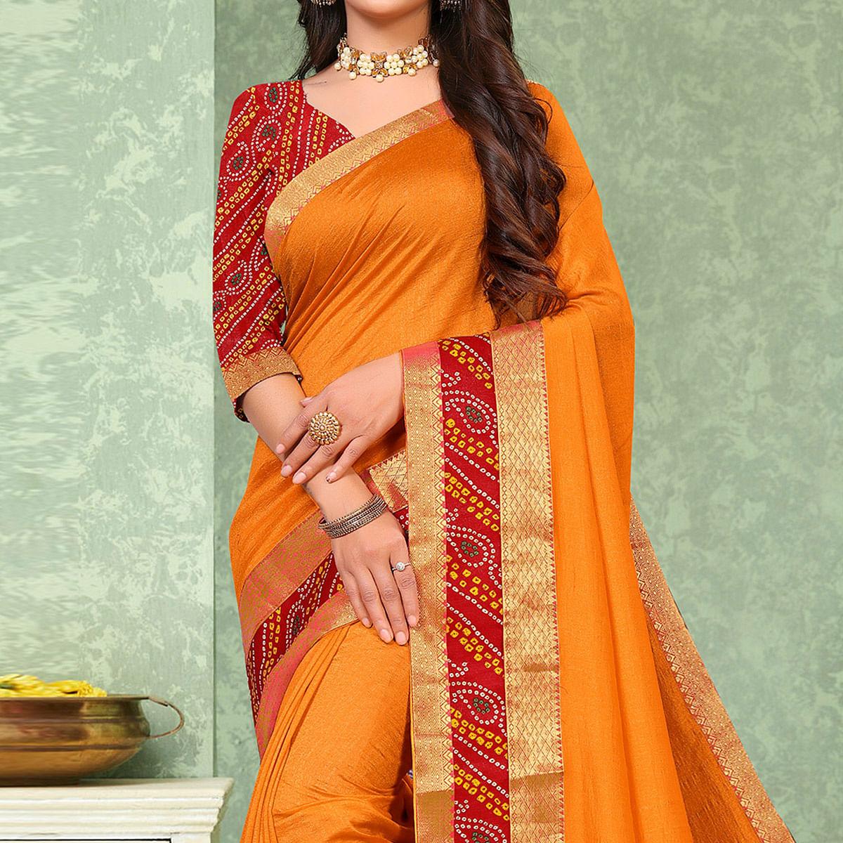 Mustard-Yellow Festive Wear Solid Vichitra Silk Saree - Peachmode