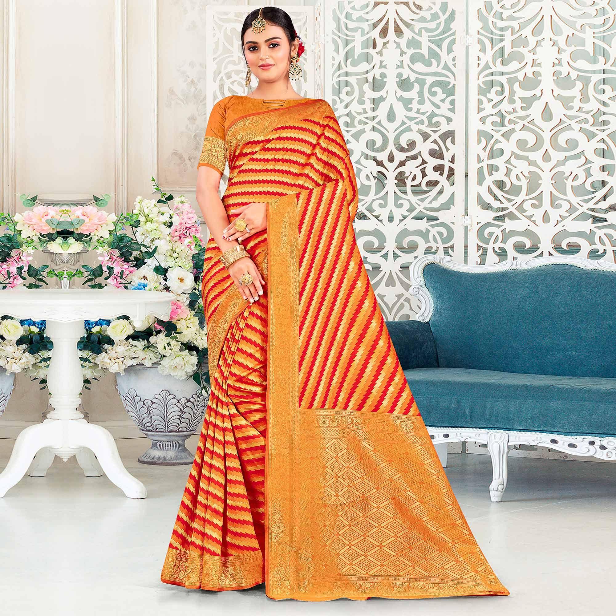Mustard-Yellow Festive Wear Stripe Printed Art Silk Saree - Peachmode