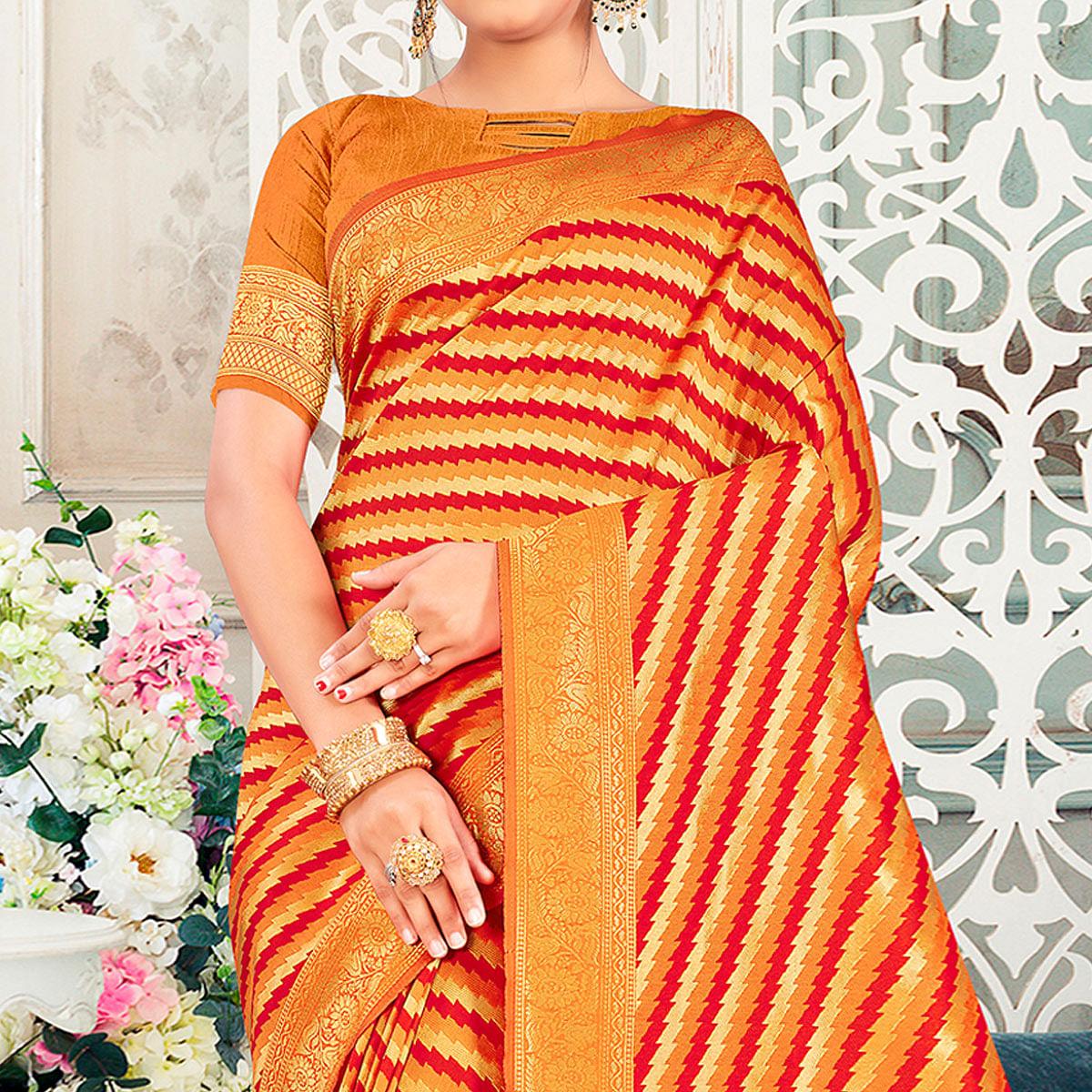 Mustard-Yellow Festive Wear Stripe Printed Art Silk Saree - Peachmode