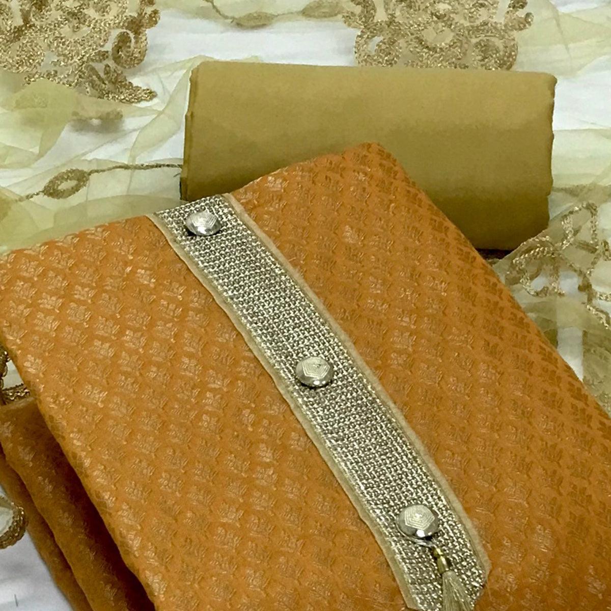 Mustard-Yellow Festive Wear Woven Banarasi Silk Dress Material - Peachmode
