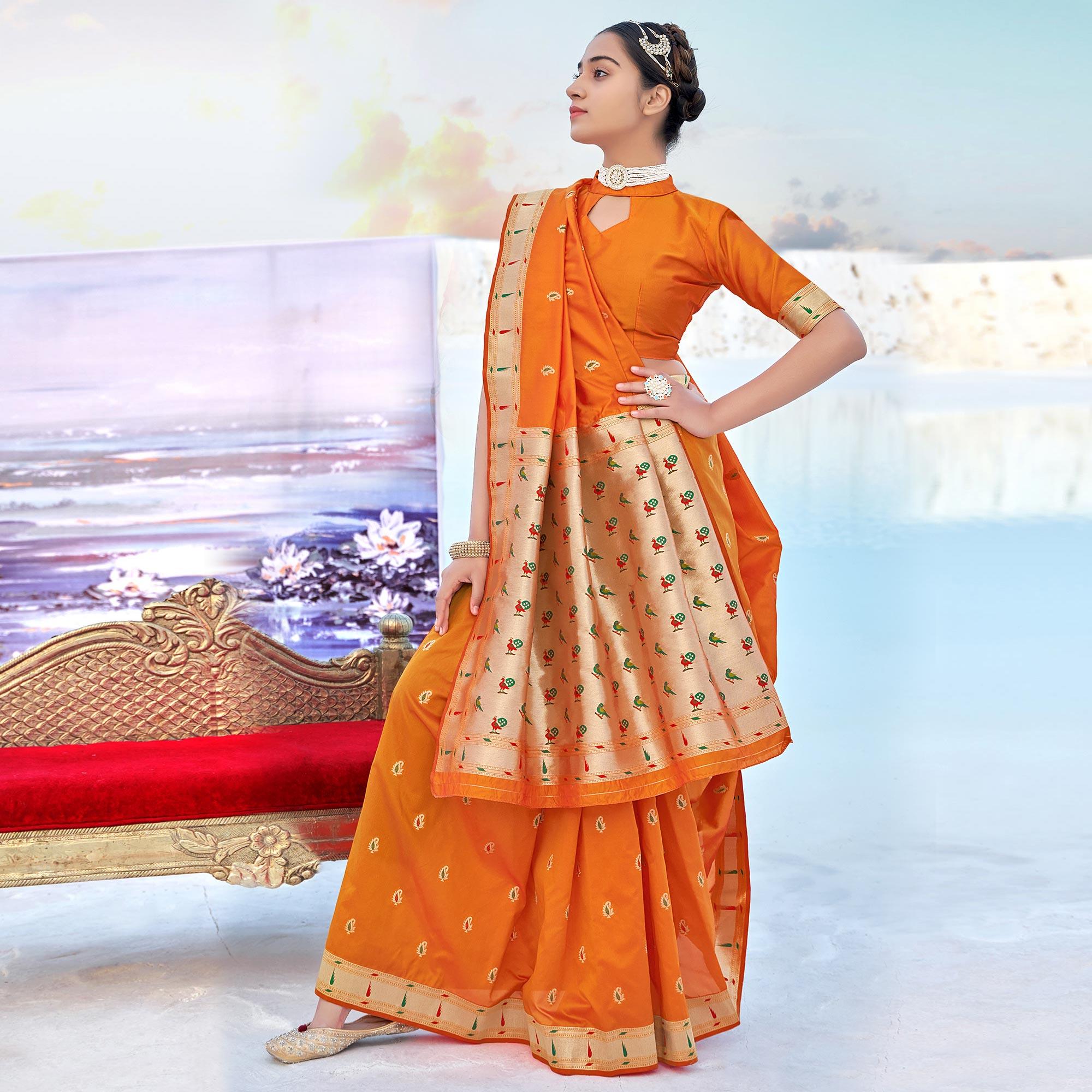 Mustard-Yellow Festive Wear Woven Banarasi Silk Saree - Peachmode