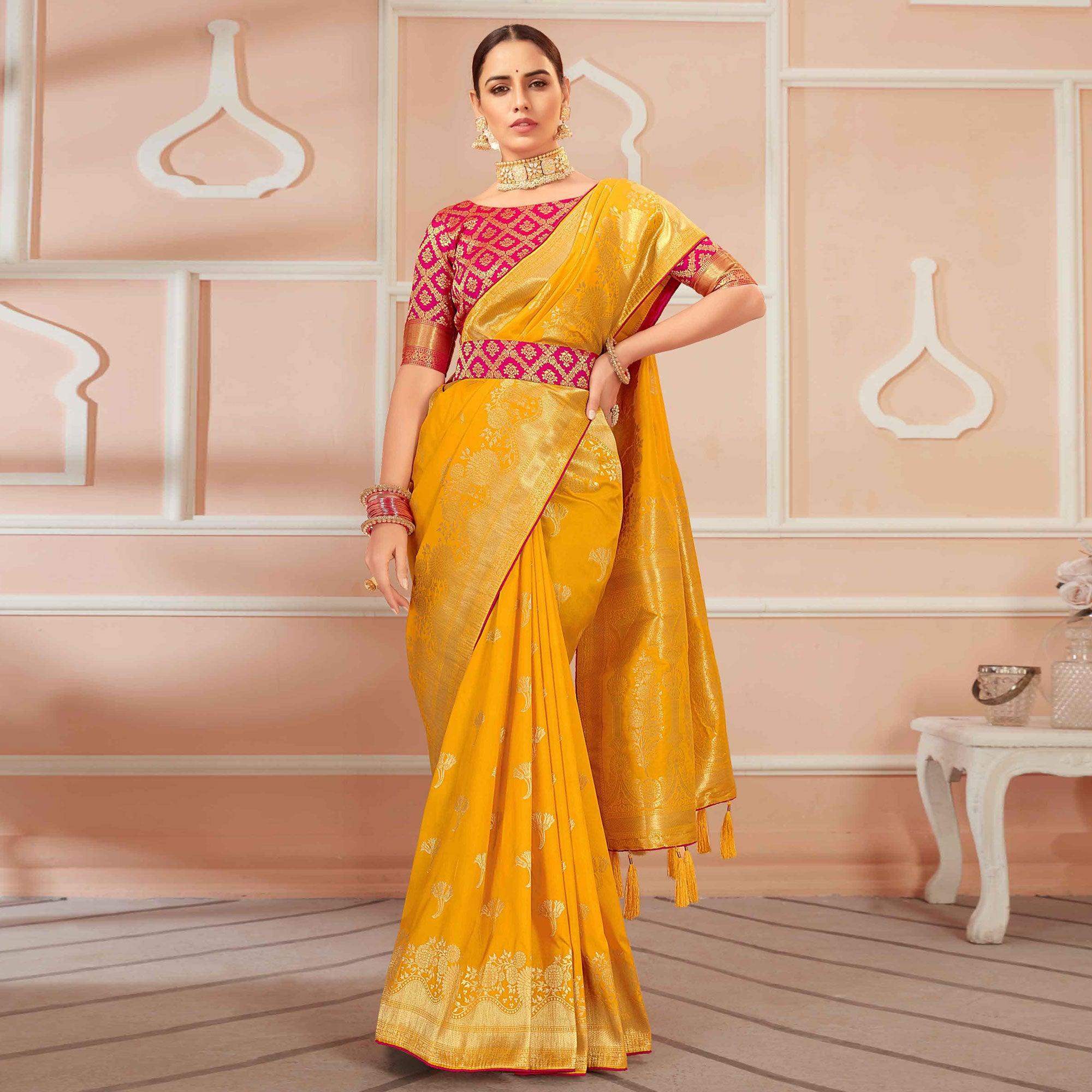 Mustard Yellow Festive Wear Woven Banarasi Silk Saree With Tassels - Peachmode
