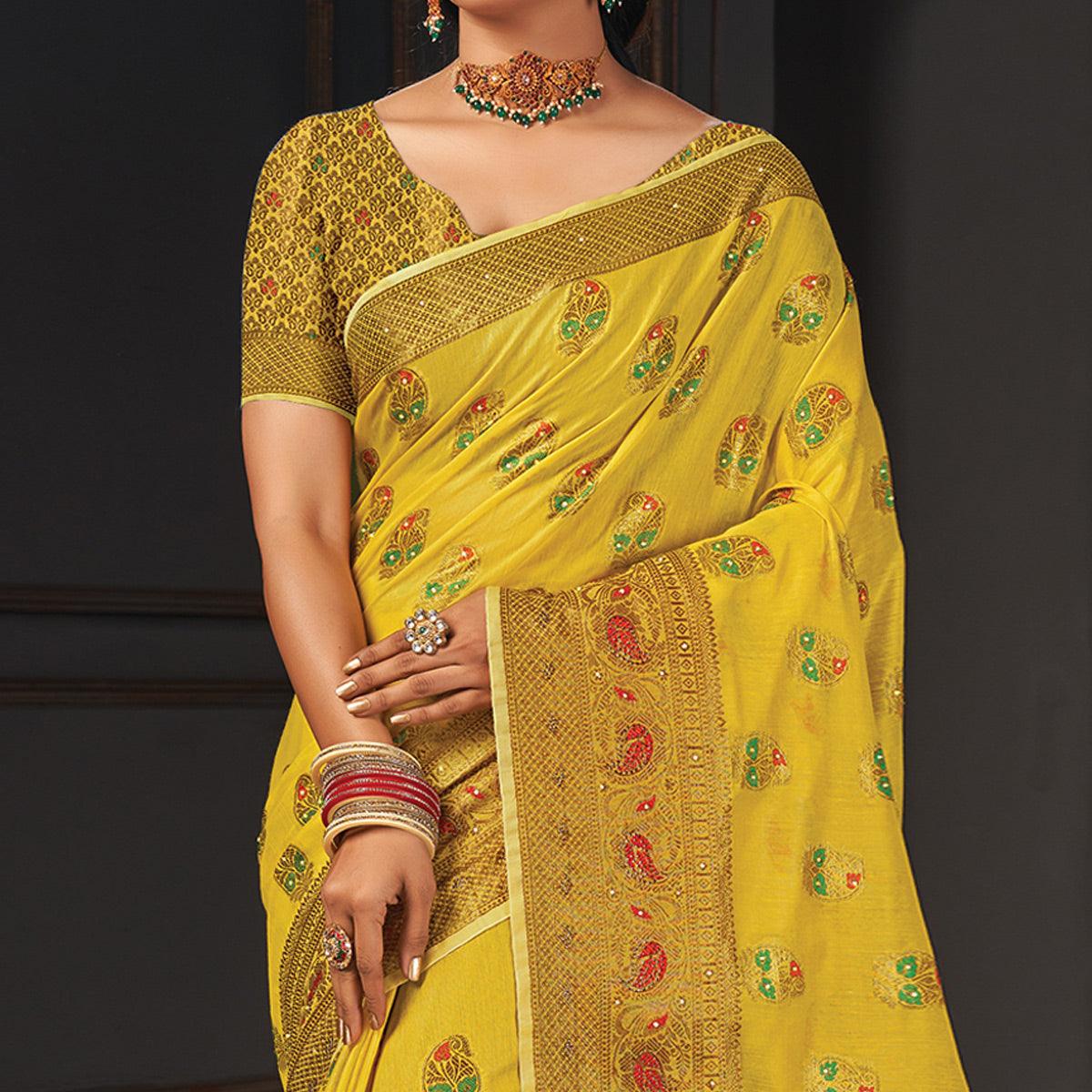 Mustard Yellow Festive Wear Woven Cotton Saree - Peachmode