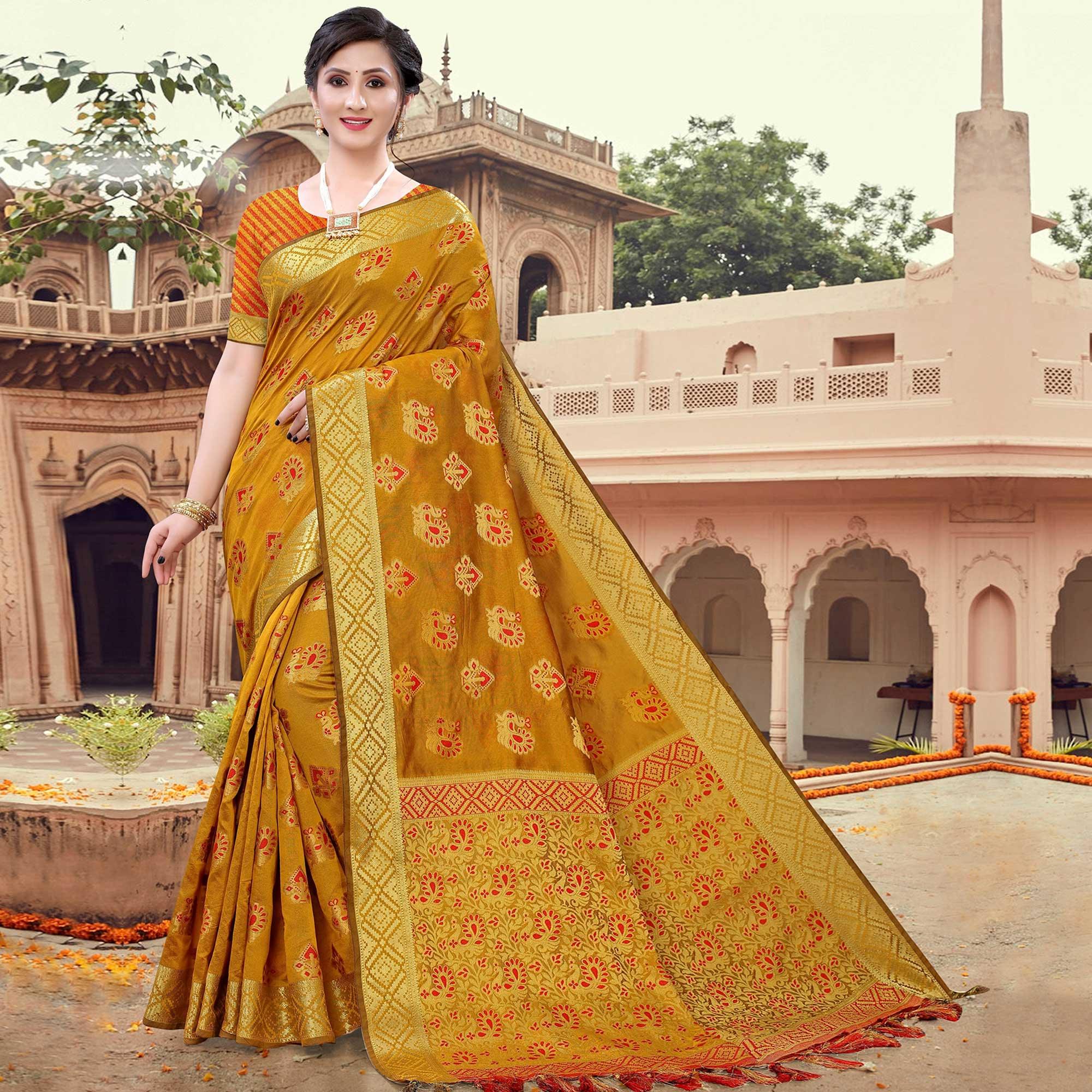 Mustard Yellow Festive Wear Woven Cotton Saree With Tassels - Peachmode