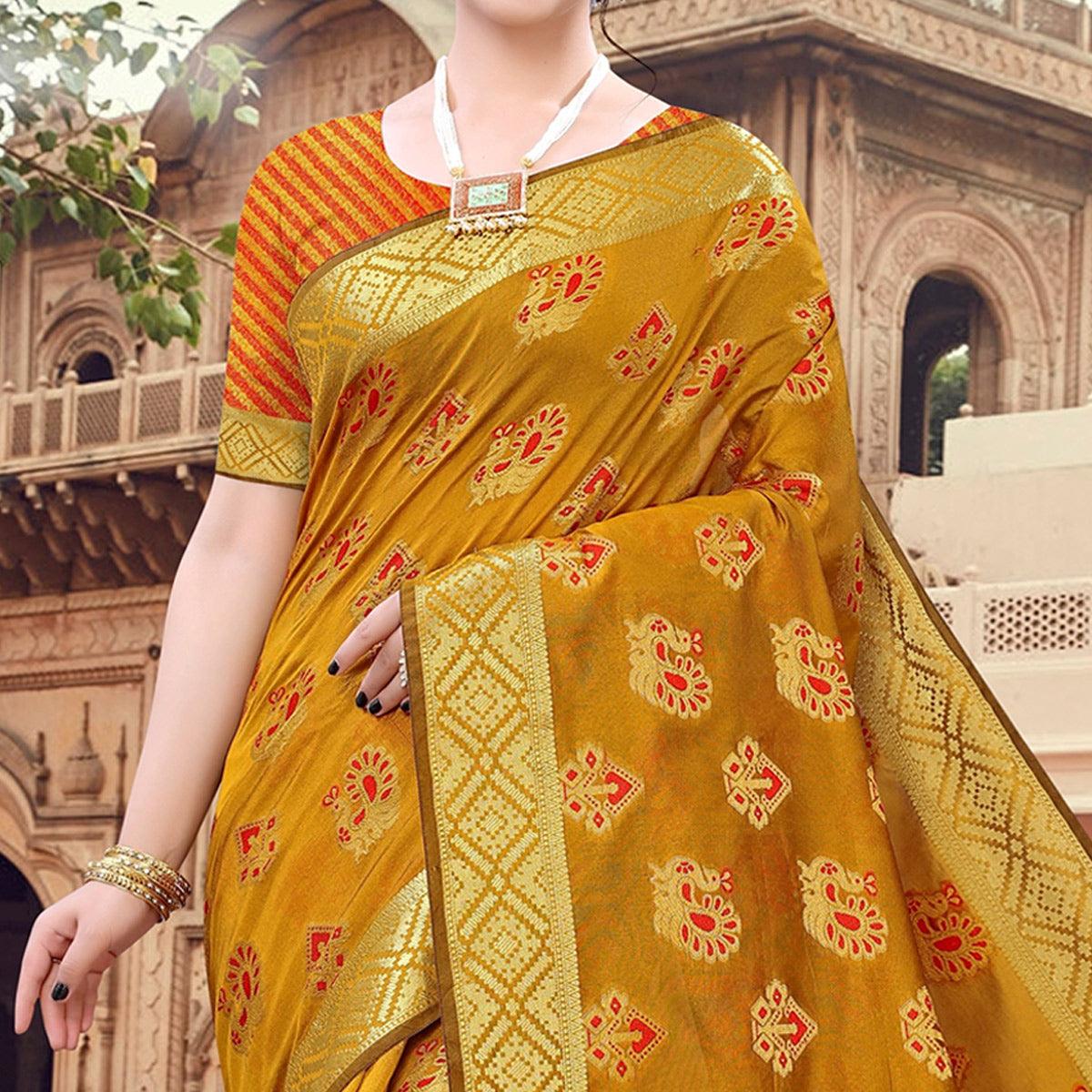 Mustard Yellow Festive Wear Woven Cotton Saree With Tassels - Peachmode