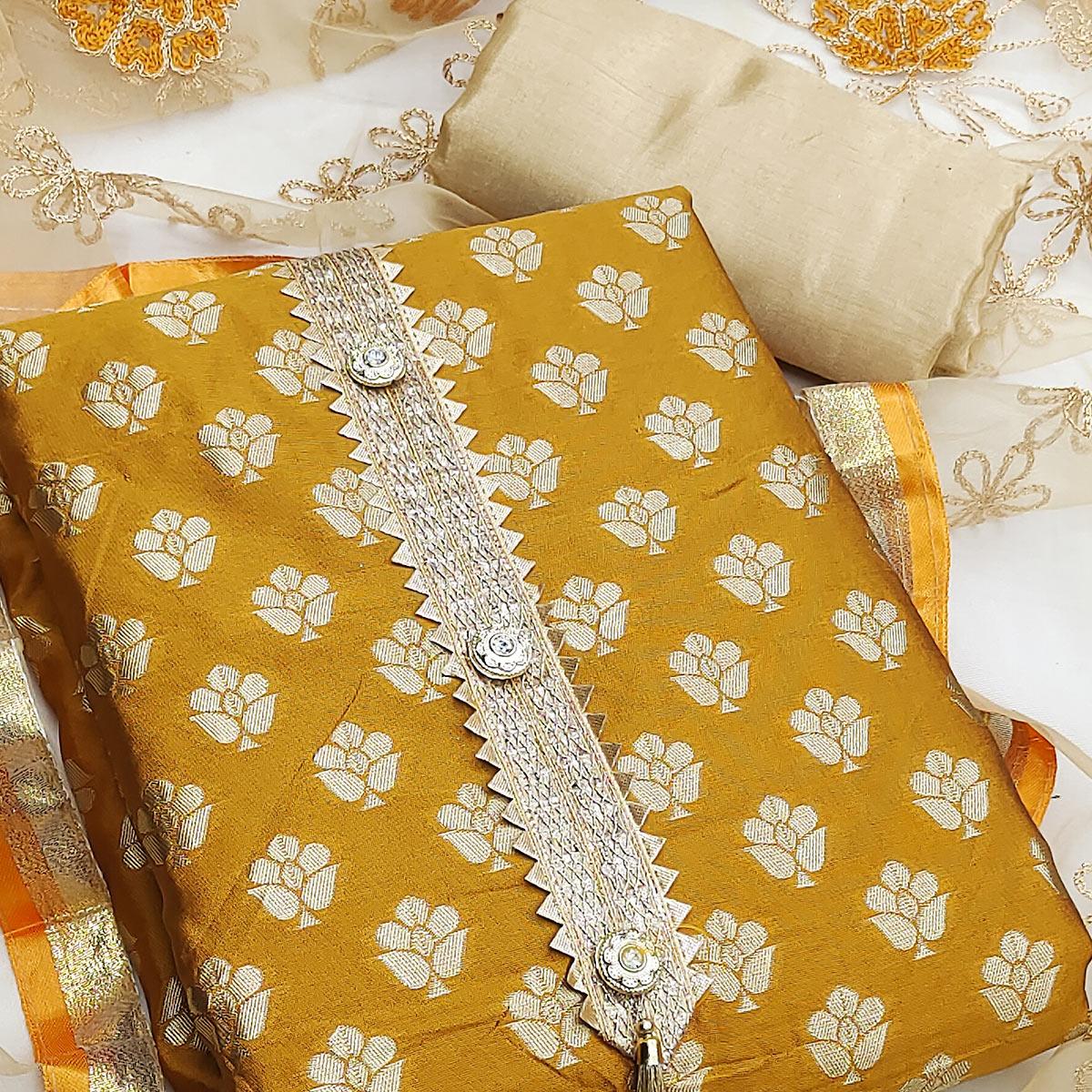 Mustard Yellow Festive Wear Woven Jacquard Dress Material - Peachmode