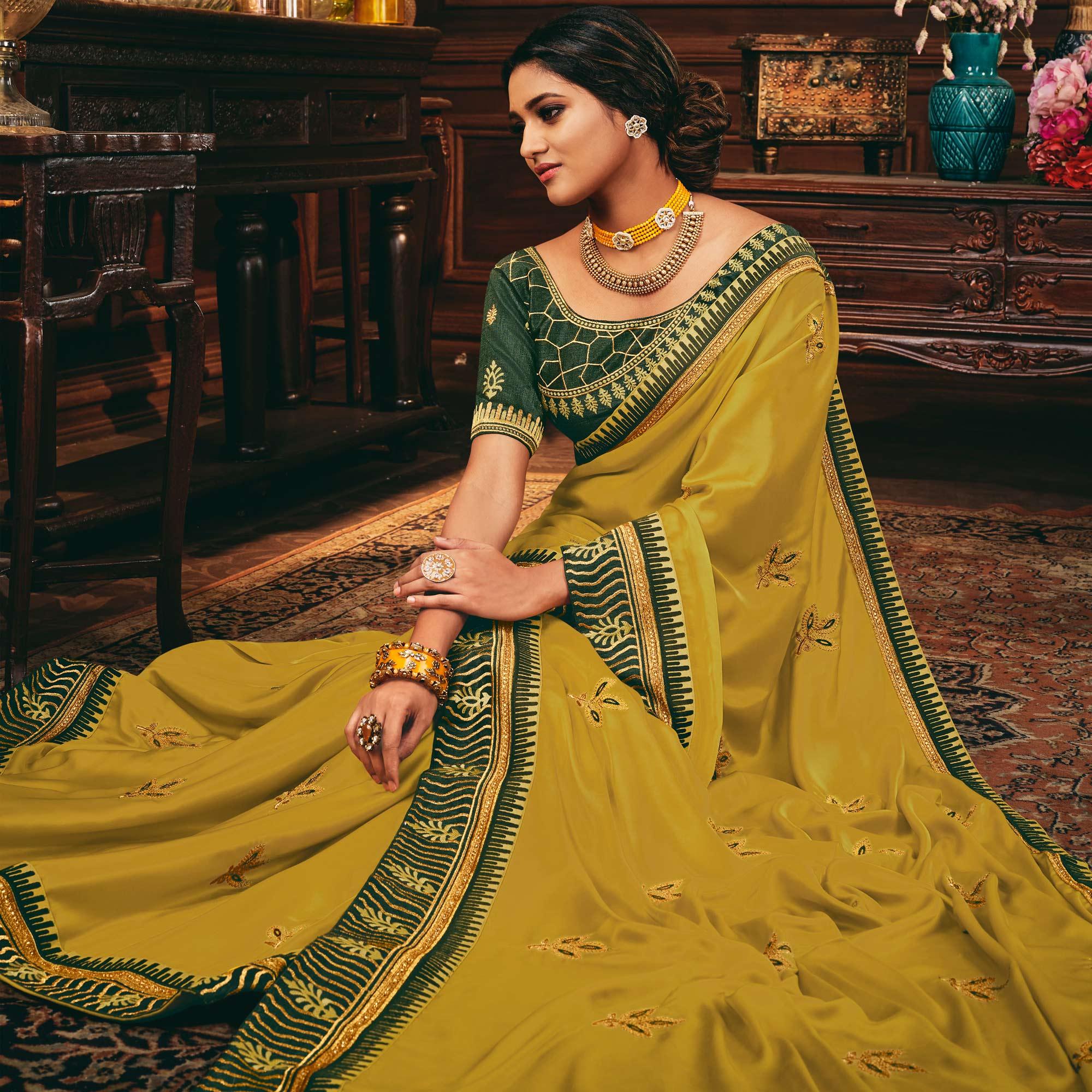 Mustard Yellow Festive Wear Woven Silk Saree - Peachmode