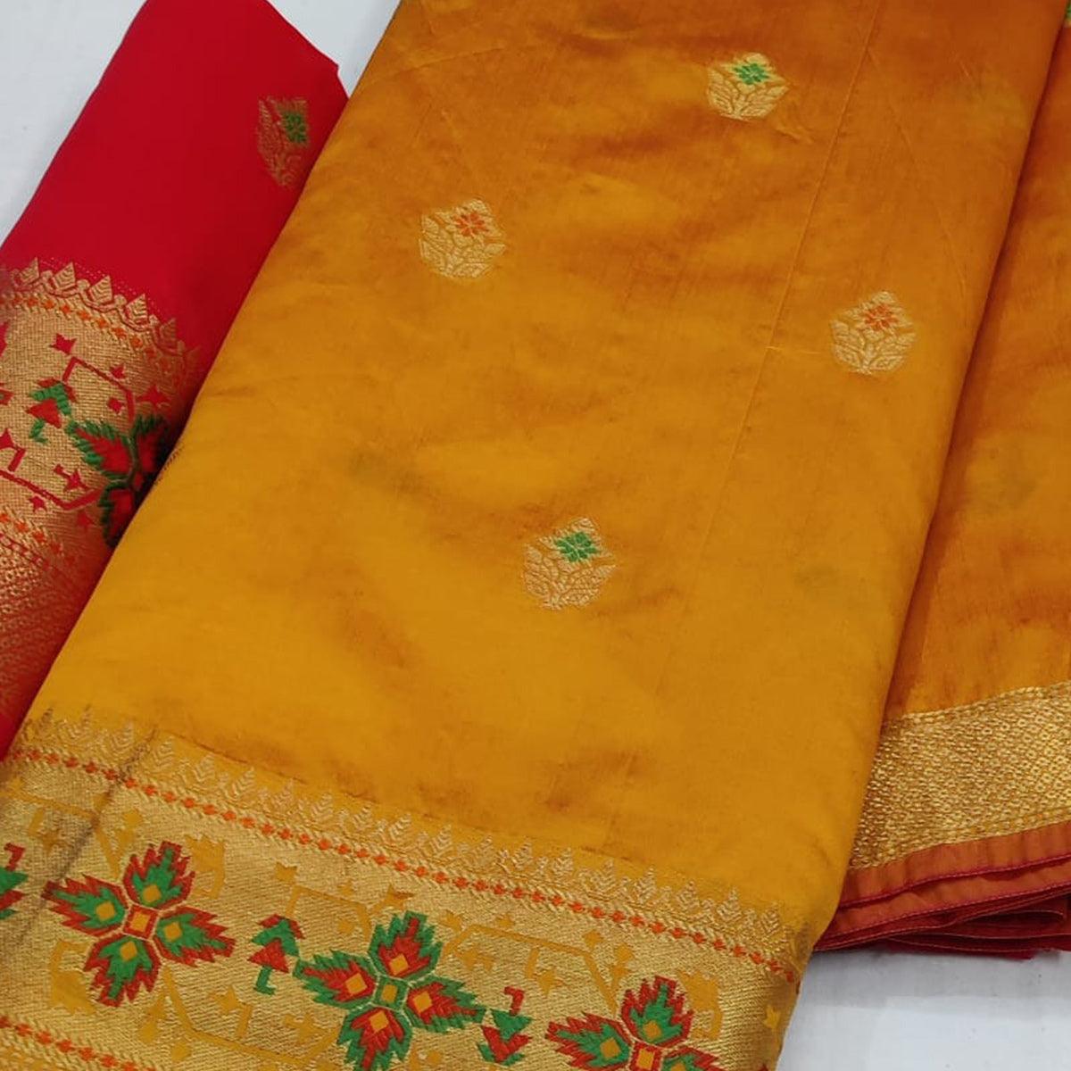 Mustard Yellow Festive Wear Woven Soft Silk Saree - Peachmode