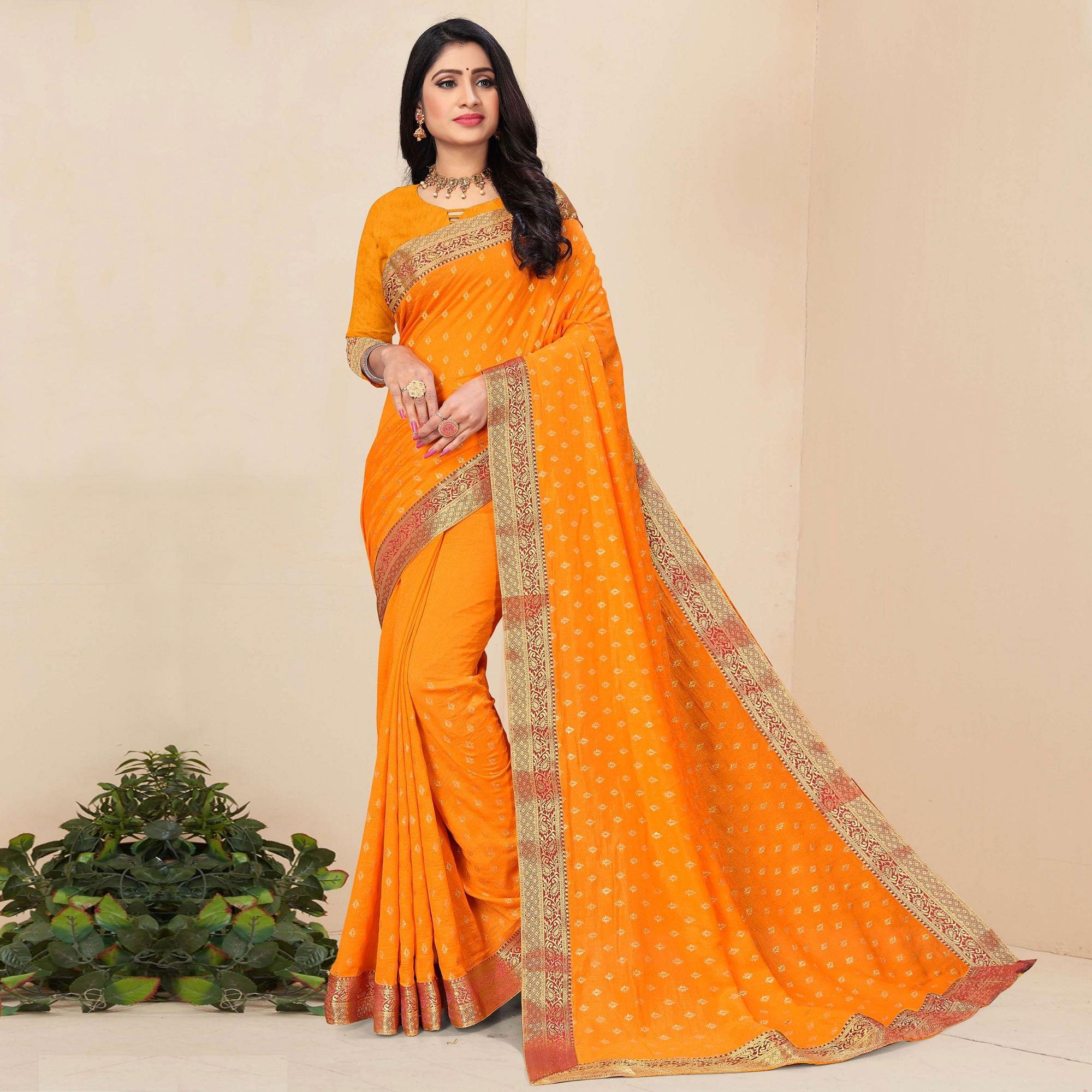 Mustard-Yellow Festive Wear Woven Vichitra Silk Saree - Peachmode
