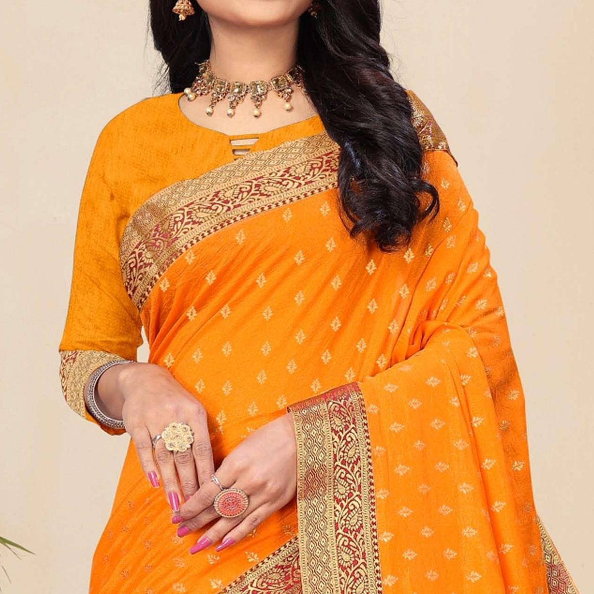 Mustard-Yellow Festive Wear Woven Vichitra Silk Saree - Peachmode