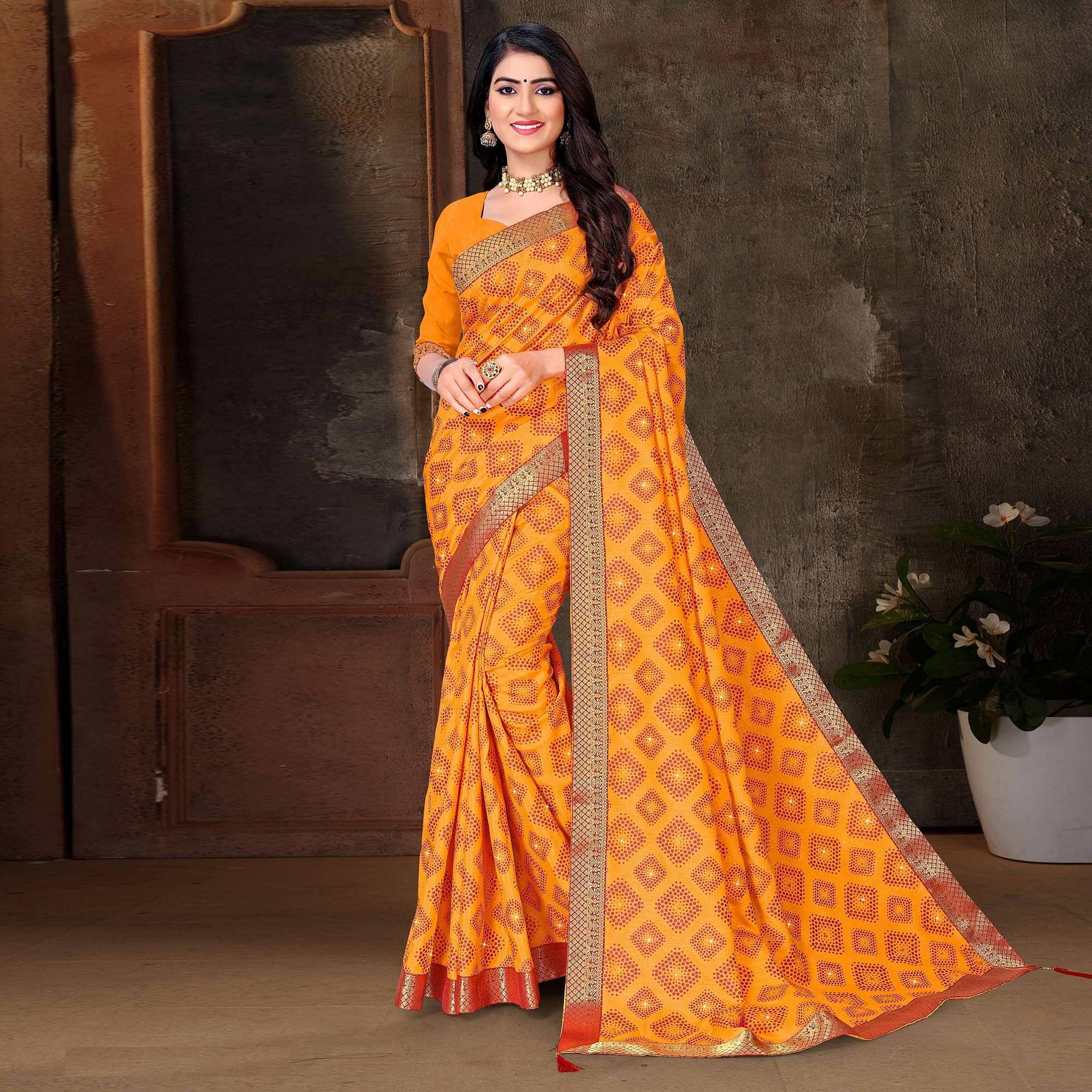 Mustard-Yellow Festive Wear Woven With Embellished Vichitra Silk Saree - Peachmode