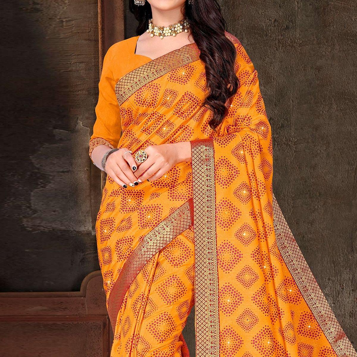Mustard-Yellow Festive Wear Woven With Embellished Vichitra Silk Saree - Peachmode