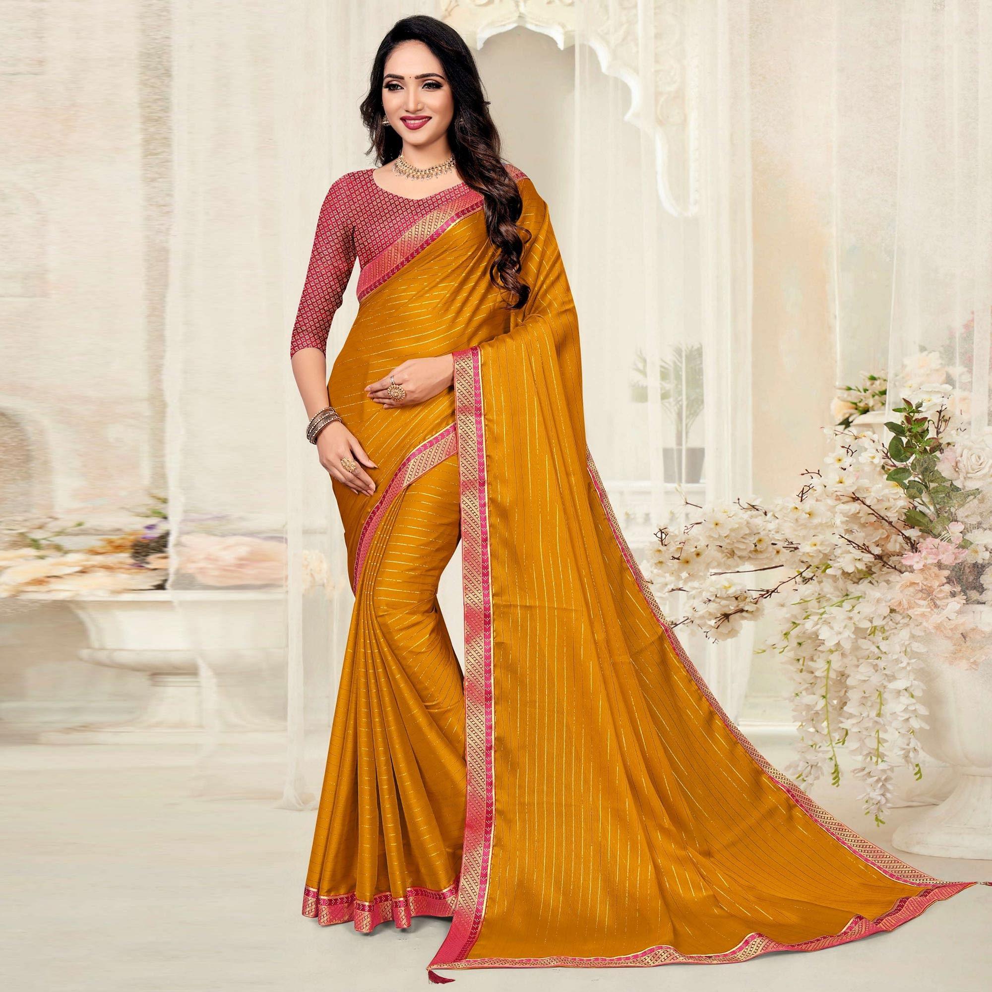 Mustard-Yellow Festive Wear Zari Chiffon Saree - Peachmode