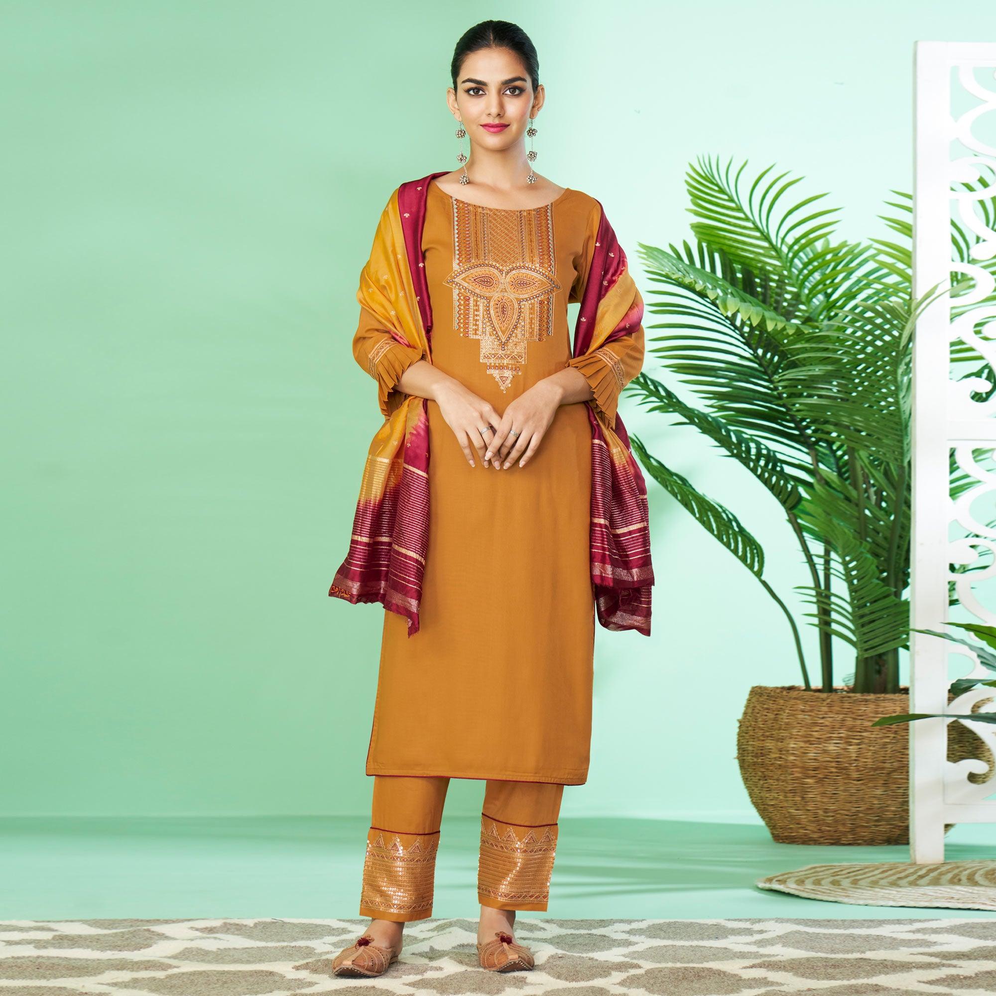 Mustard-Yellow Floral Embroidered Rayon Kurti Pant Set - Peachmode