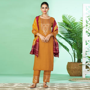 Mustard-Yellow Floral Embroidered Rayon Kurti Pant Set - Peachmode