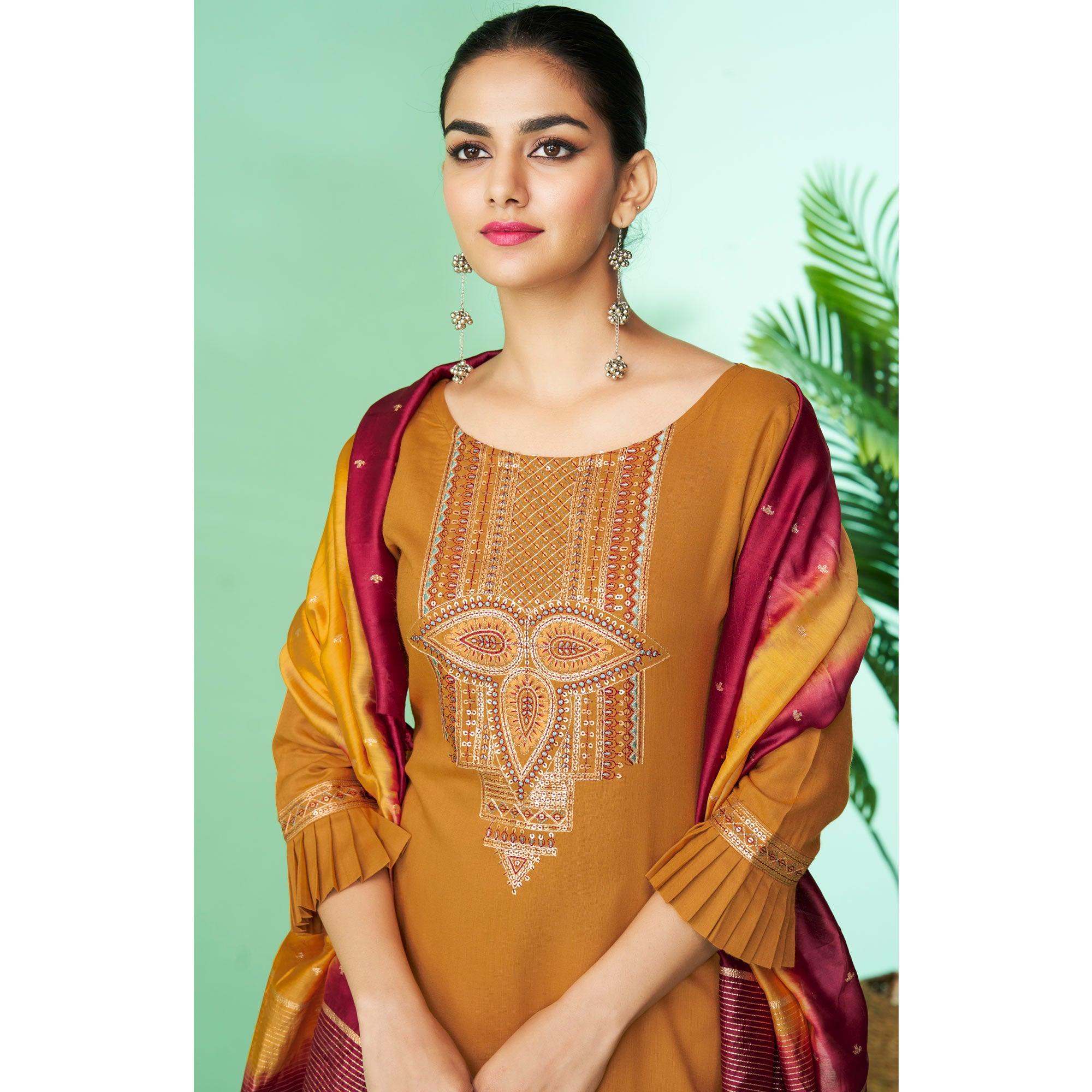 Mustard-Yellow Floral Embroidered Rayon Kurti Pant Set - Peachmode
