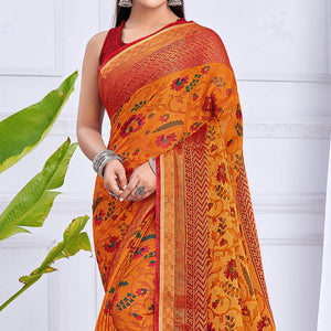 Mustard-Yellow Floral Printed Chiffon Saree - Peachmode