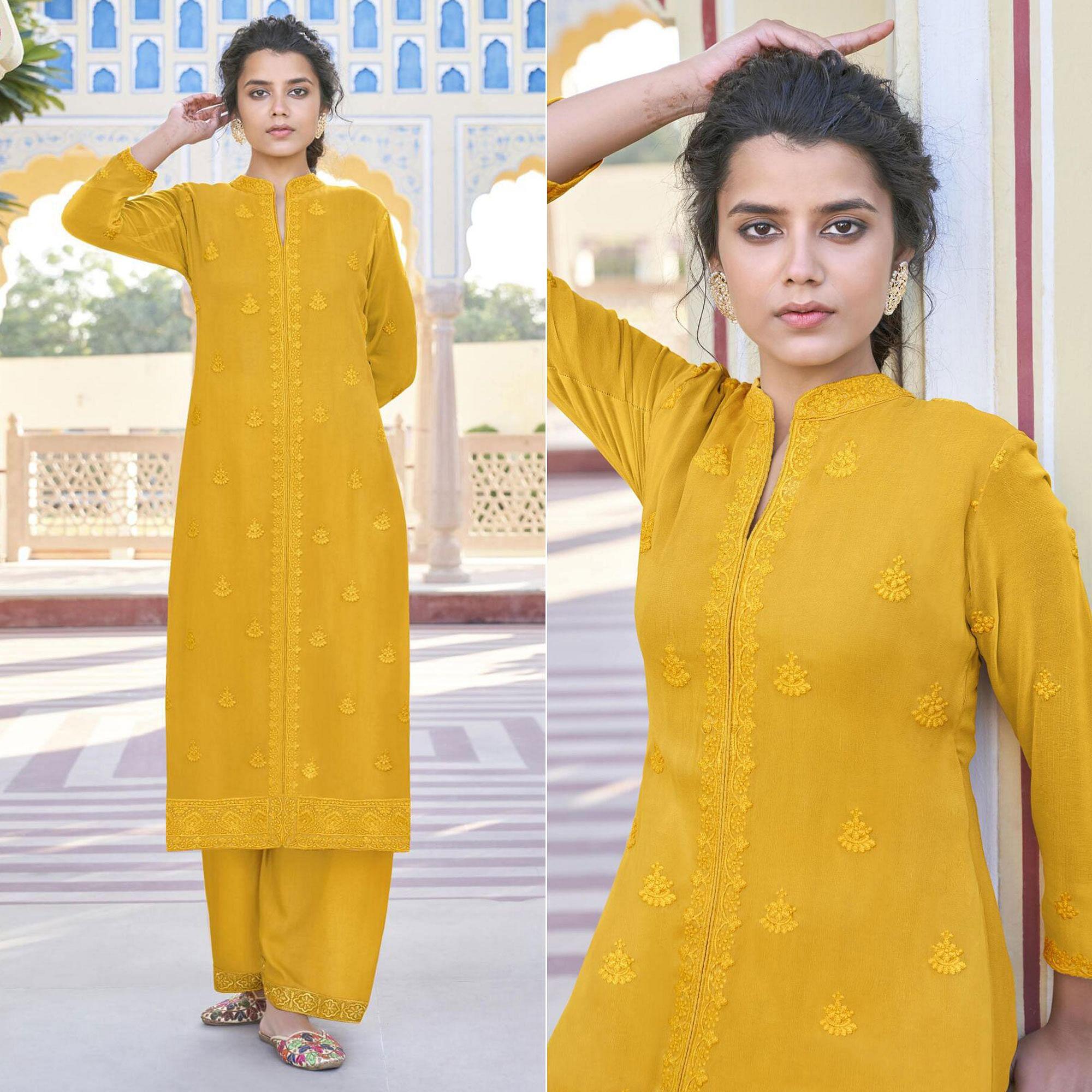Mustard Yellow Lucknowi Embroidered Georgette Kurti Palazzo Set - Peachmode