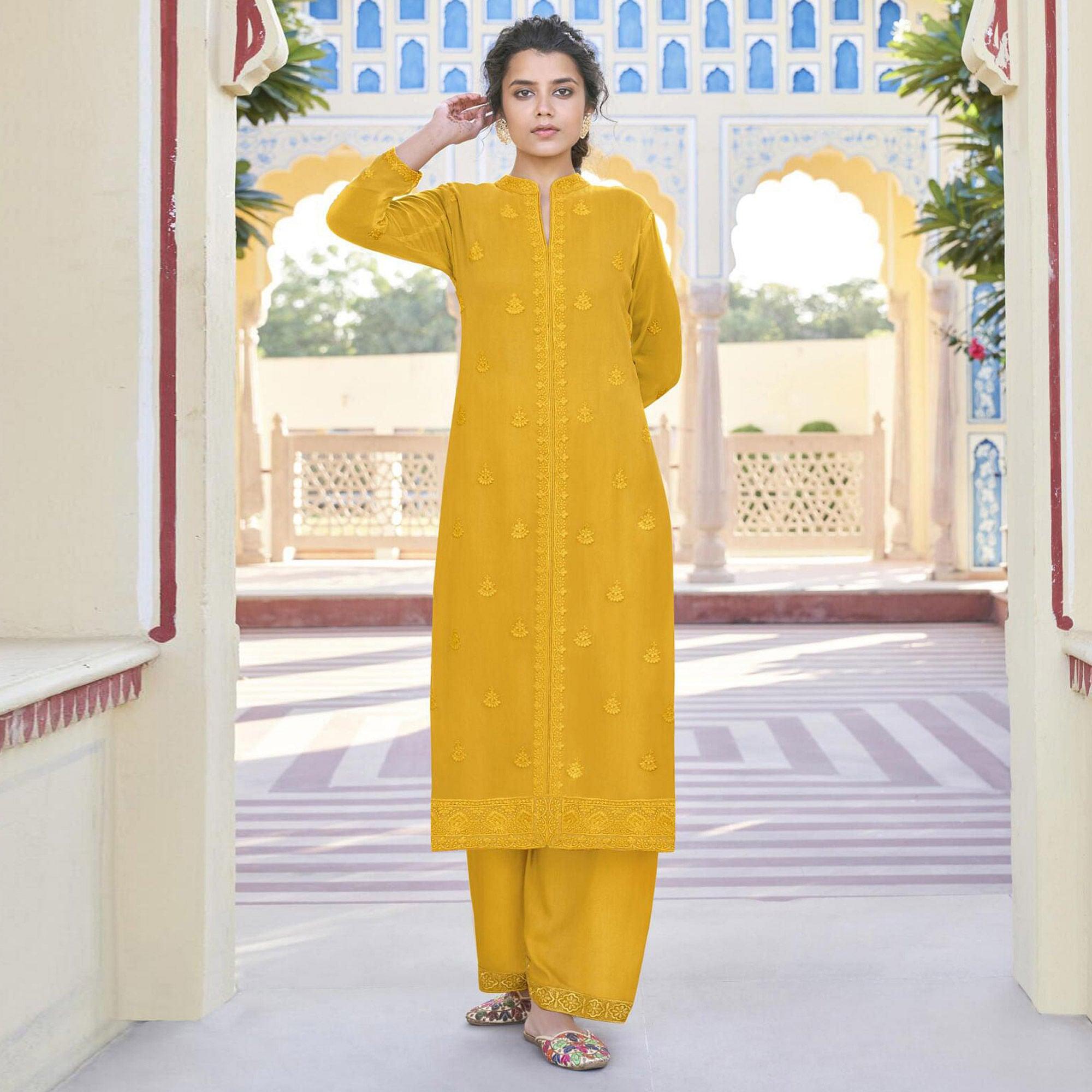 Mustard Yellow Lucknowi Embroidered Georgette Kurti Palazzo Set - Peachmode