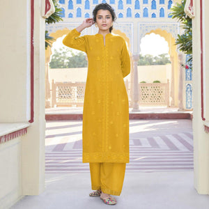 Mustard Yellow Lucknowi Embroidered Georgette Kurti Palazzo Set - Peachmode