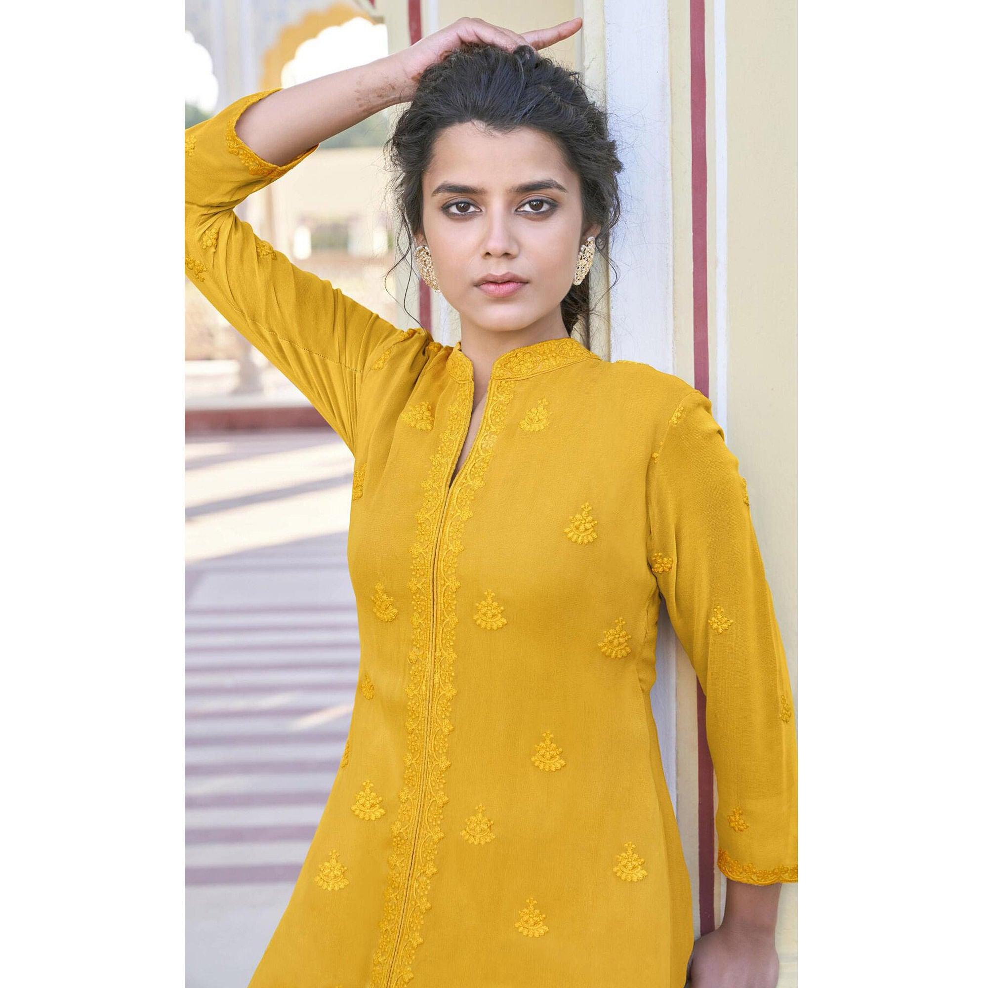 Mustard Yellow Lucknowi Embroidered Georgette Kurti Palazzo Set - Peachmode