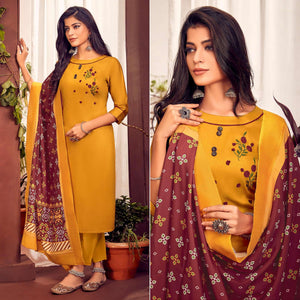 Mustard Yellow Party Wear Embroidered Cotton Kurti Pant Set With Dupatta - Peachmode