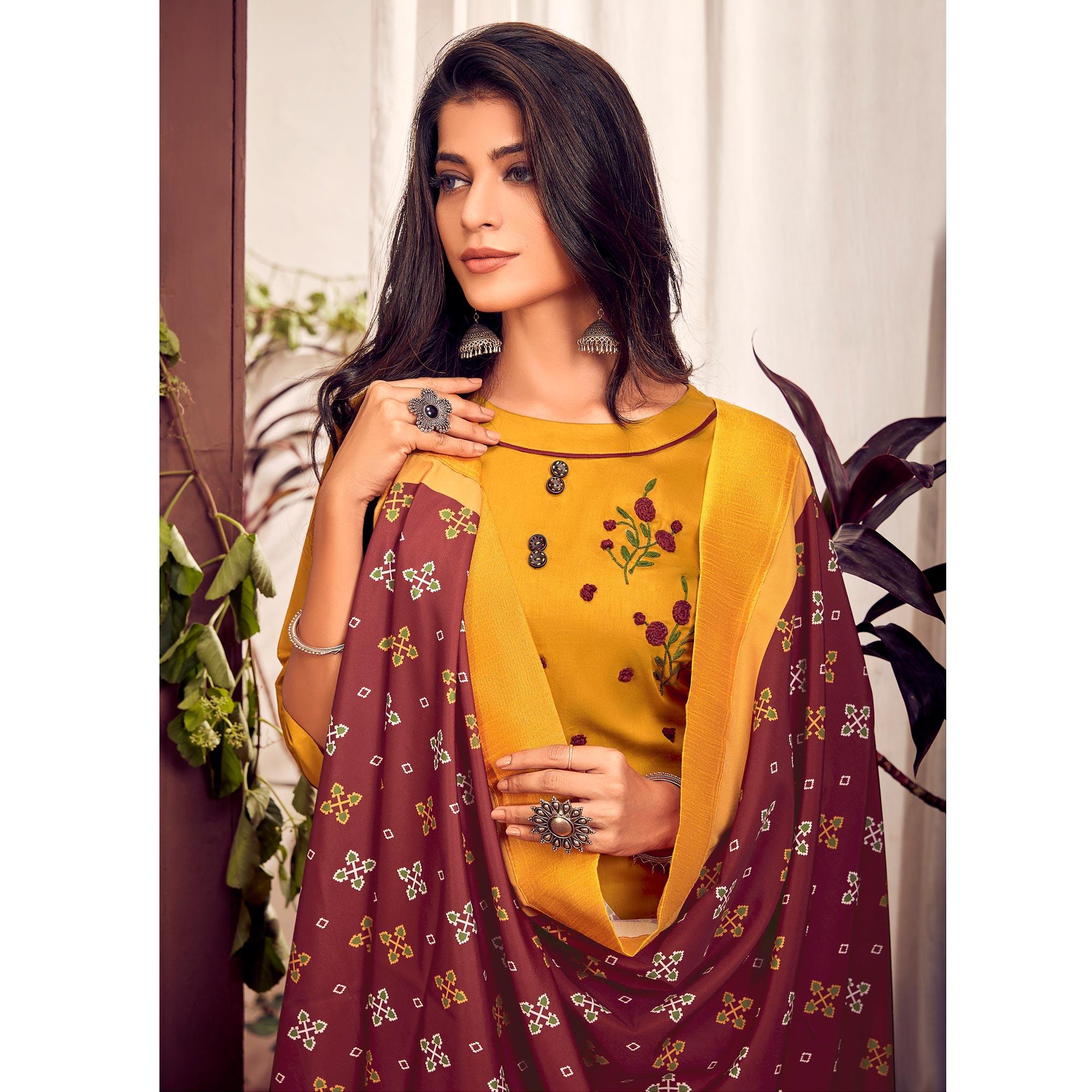 Mustard Yellow Party Wear Embroidered Cotton Kurti Pant Set With Dupatta - Peachmode