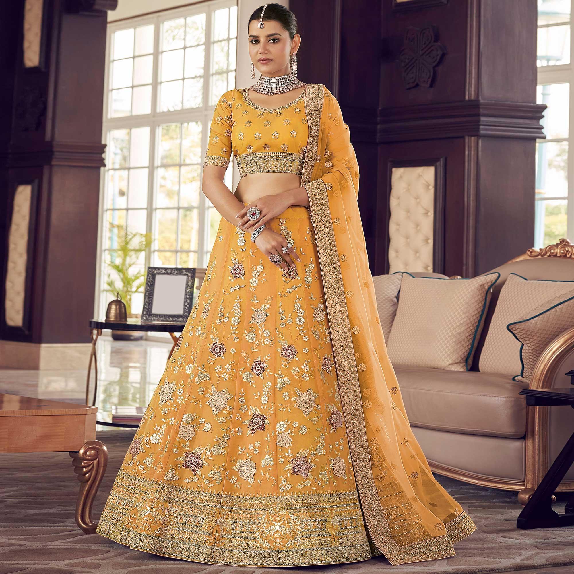 Mustard Yellow Party Wear Embroidered Organza Lehenga Choli - Peachmode