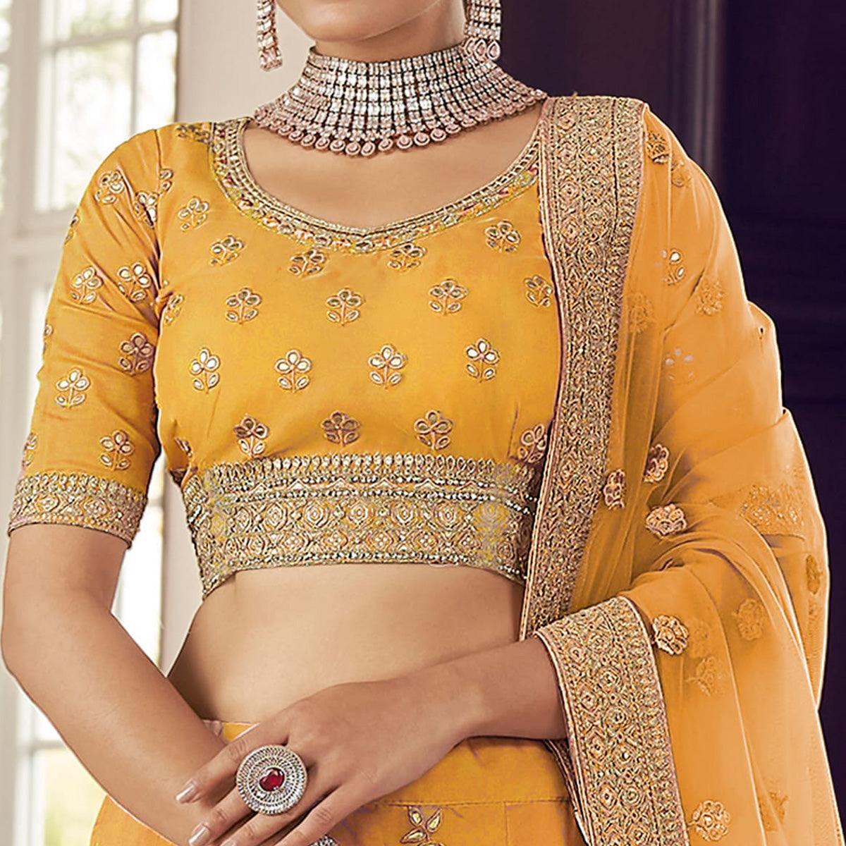 Mustard Yellow Party Wear Embroidered Organza Lehenga Choli - Peachmode