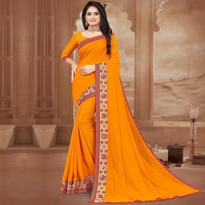 Mustard Yellow Party Wear Lace Work Silk Saree - Peachmode