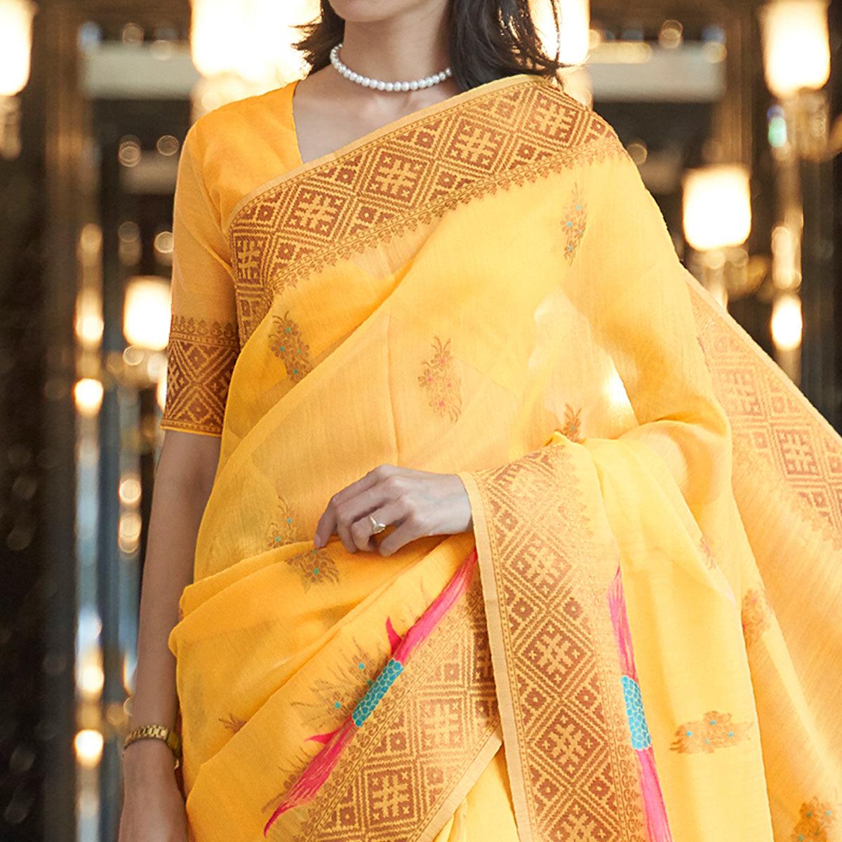 Mustard Yellow Party Wear Woven Pure Linen Saree - Peachmode