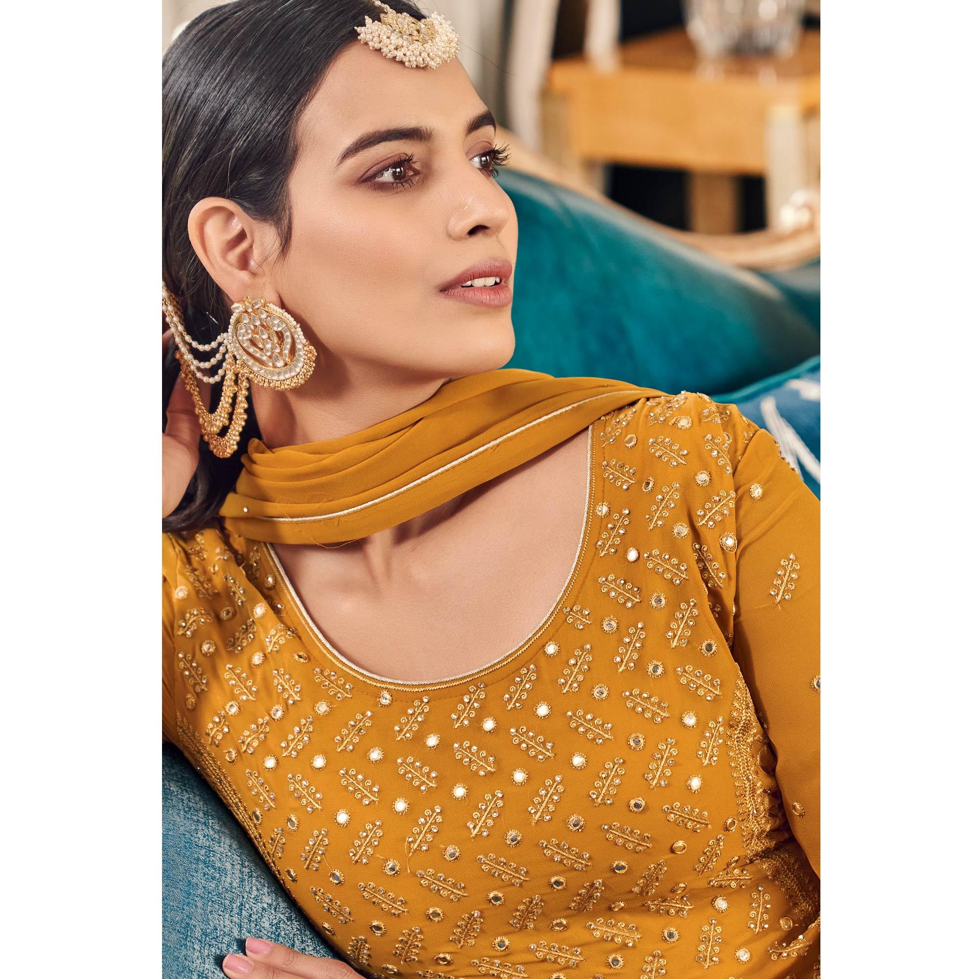 Mustard-Yellow Partywear Embroidered Georgette Anarkali Suit - Peachmode