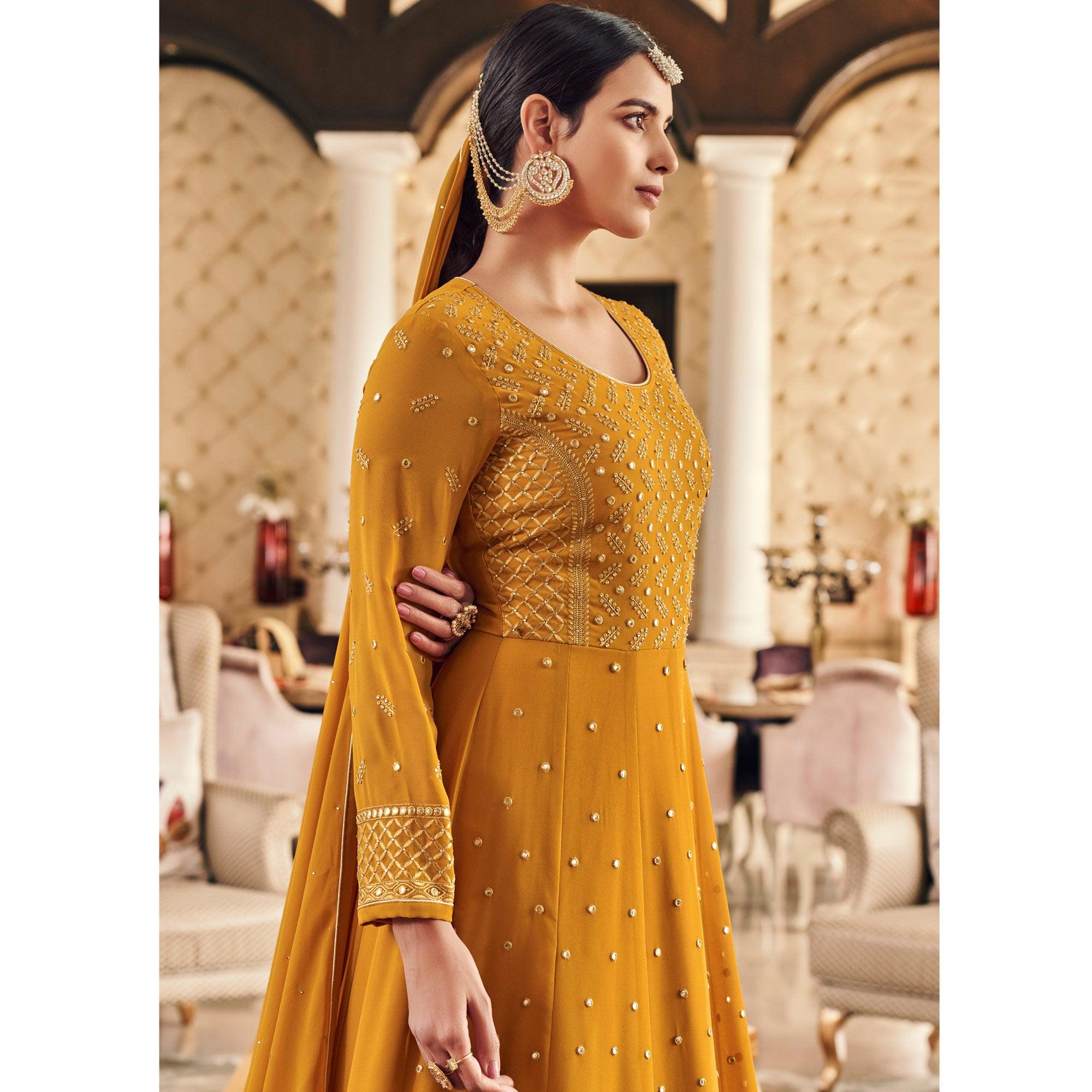 Mustard-Yellow Partywear Embroidered Georgette Anarkali Suit - Peachmode