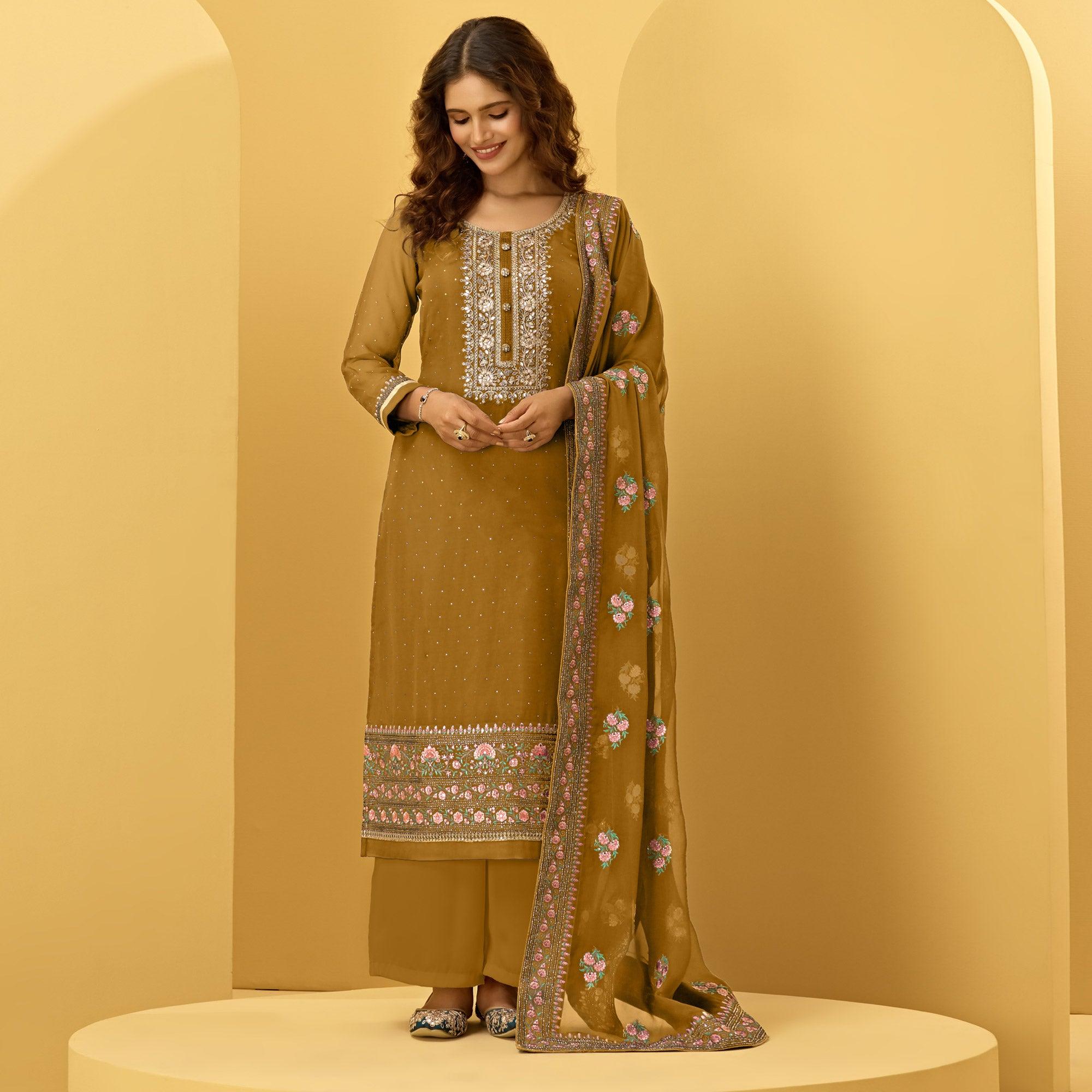 Mustard-Yellow Partywear Floral Zari Embroidery With Swarovski Georgette Palazzo Suit - Peachmode