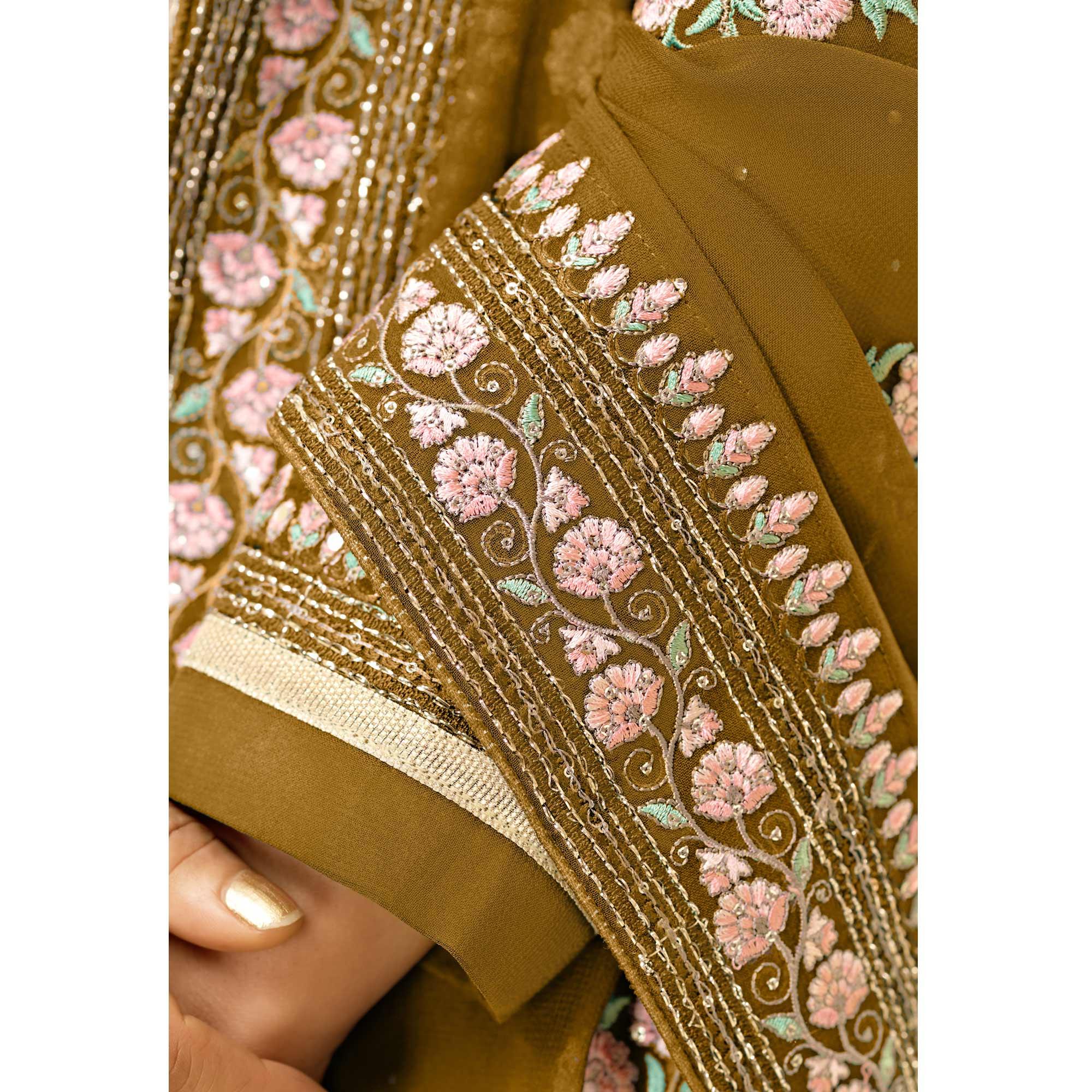 Mustard-Yellow Partywear Floral Zari Embroidery With Swarovski Georgette Palazzo Suit - Peachmode