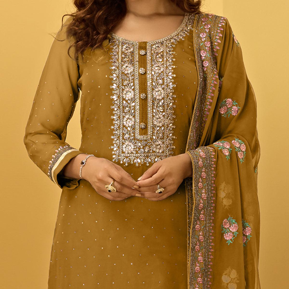 Mustard-Yellow Partywear Floral Zari Embroidery With Swarovski Georgette Palazzo Suit - Peachmode