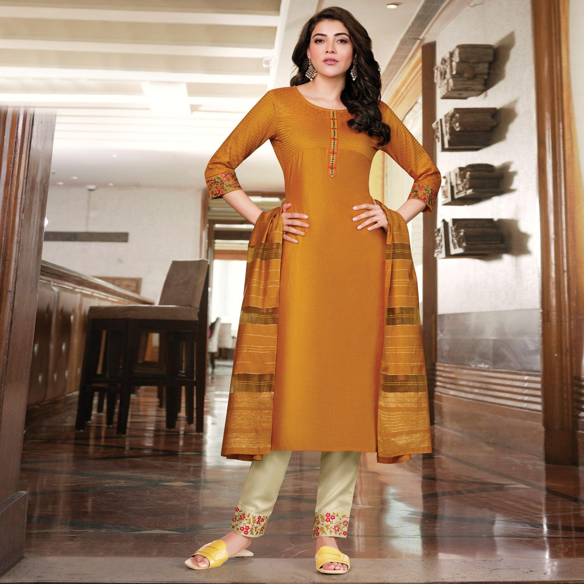 Mustard Yellow Partywear Heavy Embroidered Bemberg Silk Suit - Peachmode